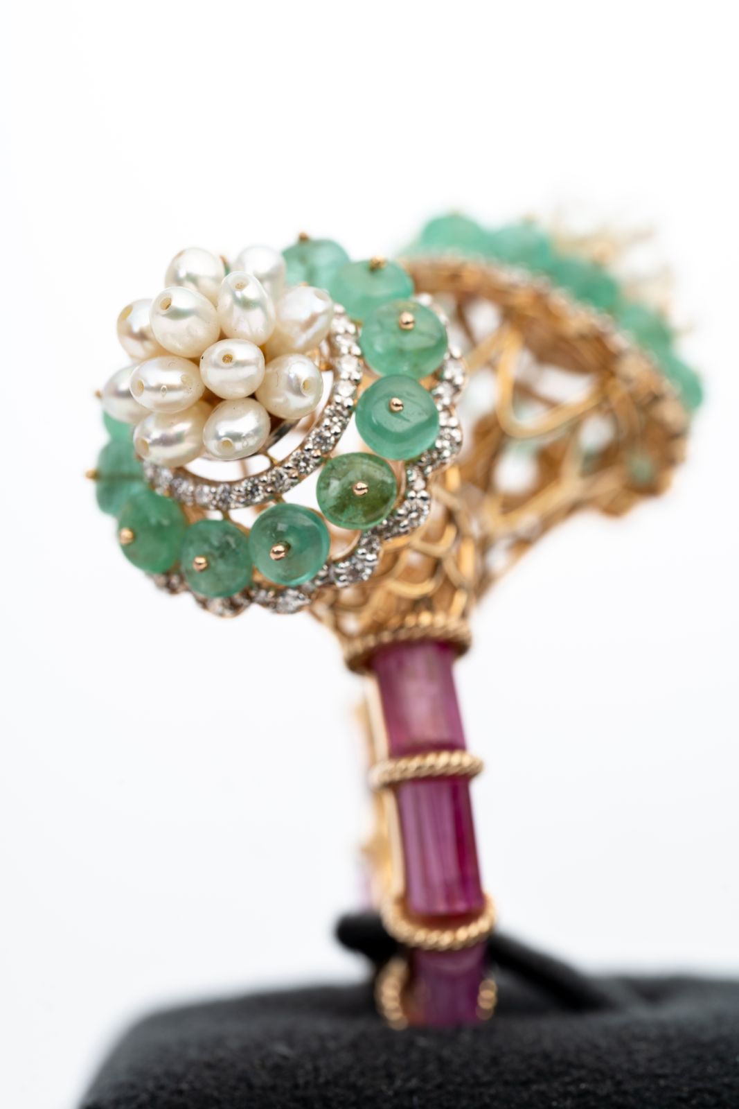 Natural Emerald, Ruby, Pearl And Diamond Yellow Gold Handmade Rings Jewelry