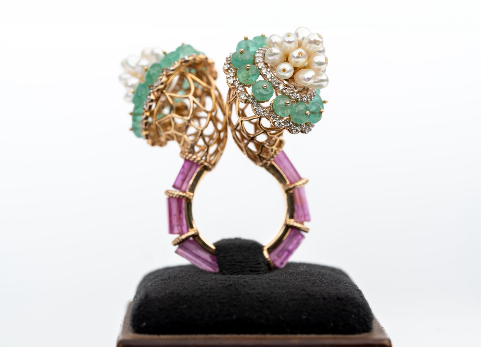 Natural Emerald, Ruby, Pearl And Diamond Yellow Gold Handmade Rings Jewelry