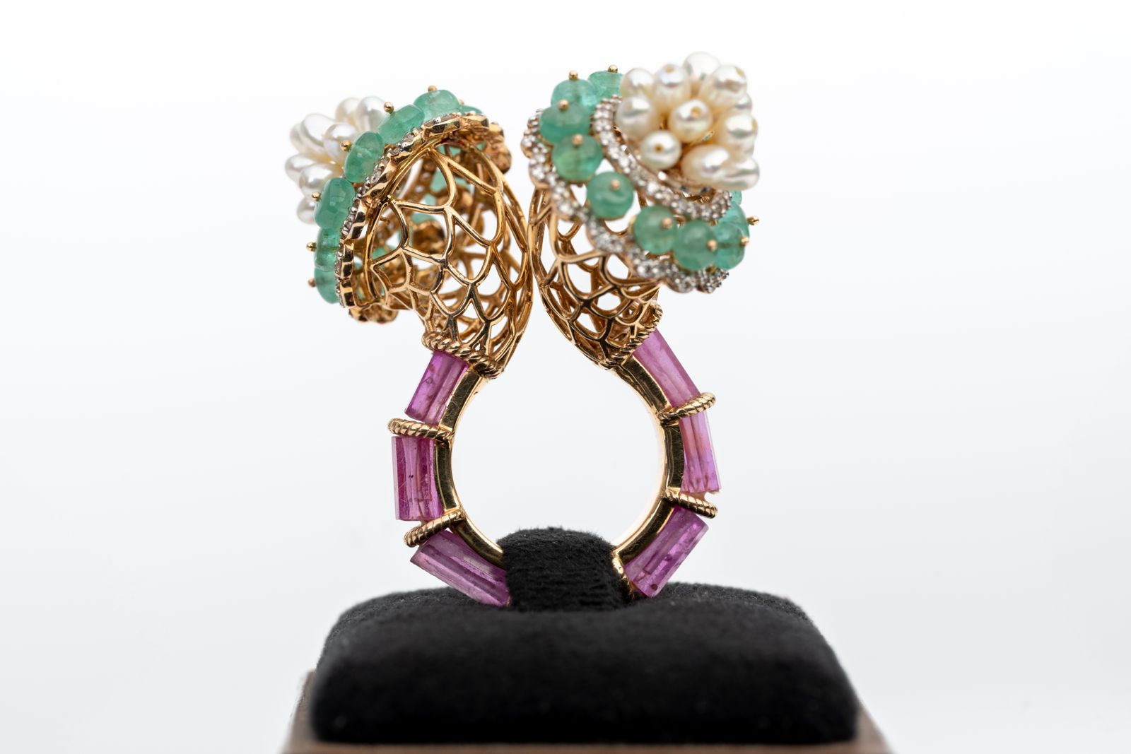 Natural Emerald, Ruby, Pearl And Diamond Yellow Gold Handmade Rings Jewelry