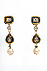 New Arrival Polki Diamond And Pearl Yellow Gold Enamel Work Earrings Jewelry