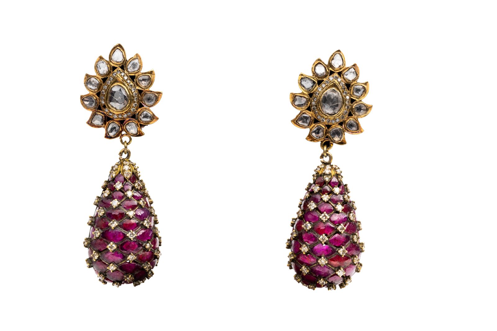 Precious Ruby And Polki Diamond Gemstone Yellow Gold Handmade Drop Earrings