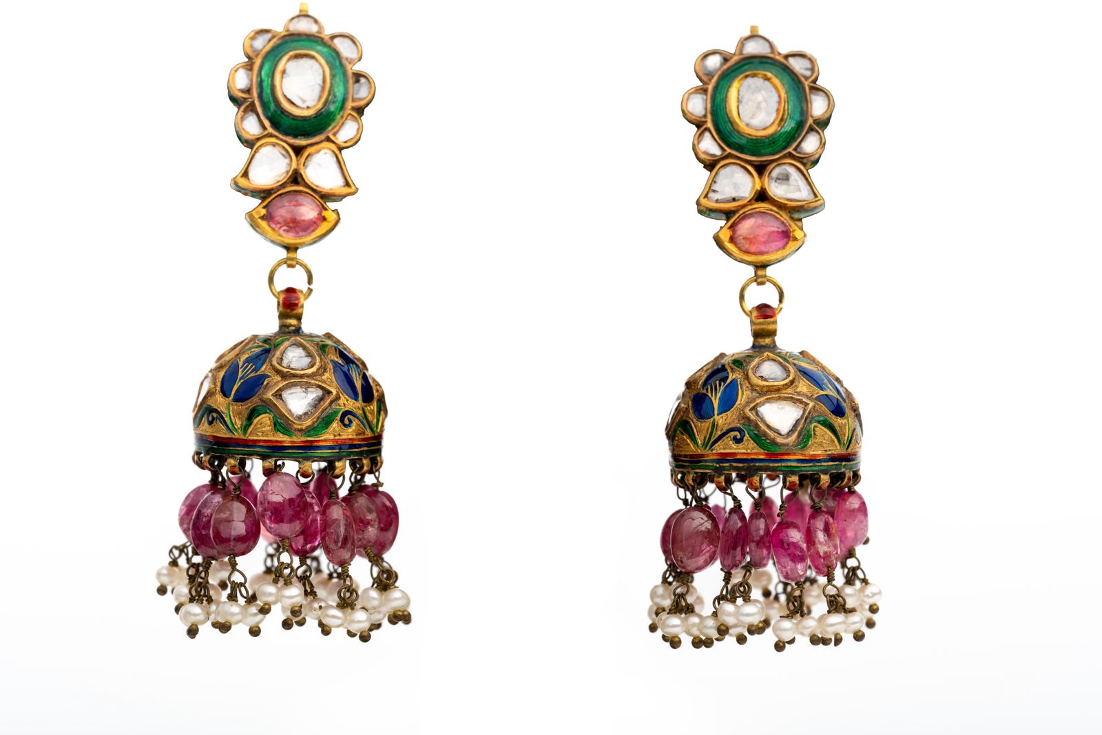 New Arrival Polki Diamond And Ruby Yellow Gold Enamel Work Earrings Jewelry
