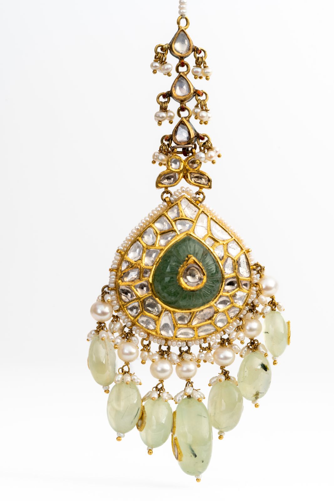 Antique Vintage Polki Diamond And Emerald Yellow Gold Handmade Foreheads Pendant Jewelry