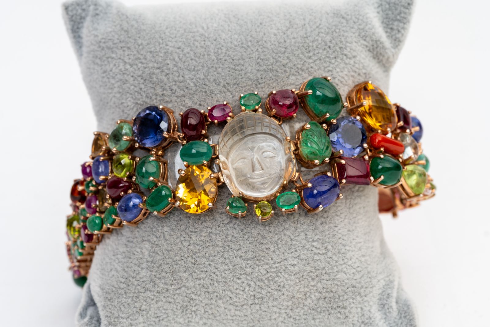 Buddha-Carving Crystal And Multi Gemstone 925 Sterling Silver Handmade Bracelets