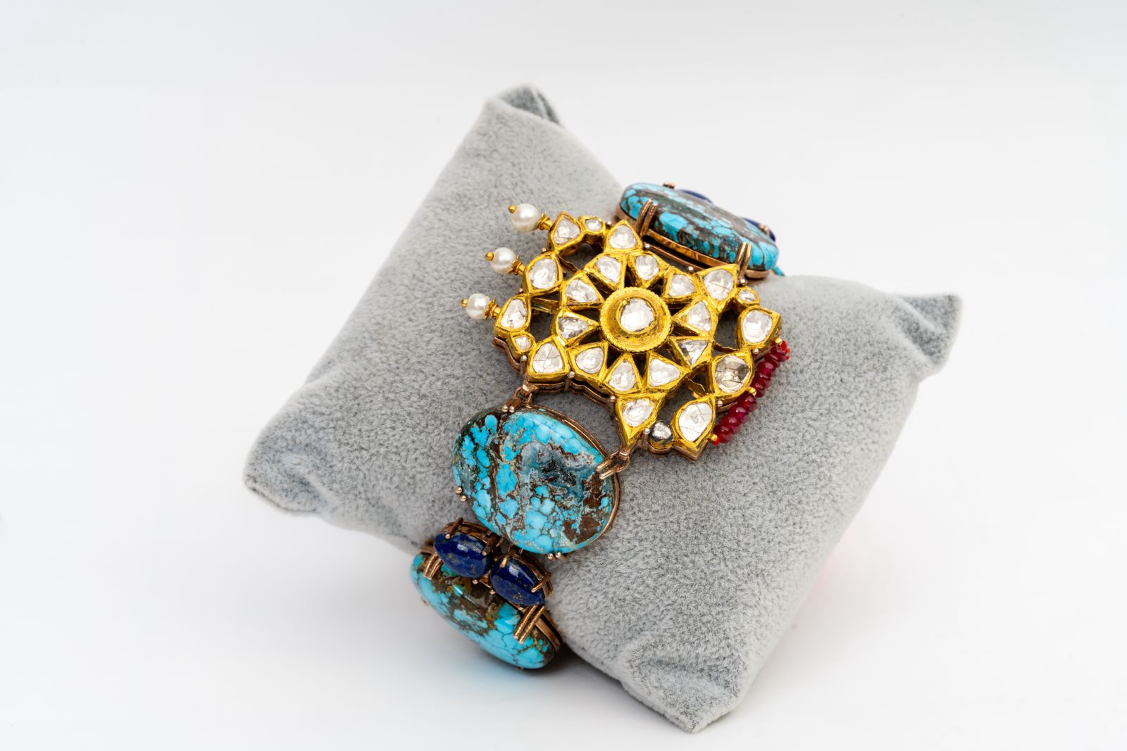 Antique Vintage Polki, Turquoise And Lapis Lazuli Yellow Gold Handmade Bracelets