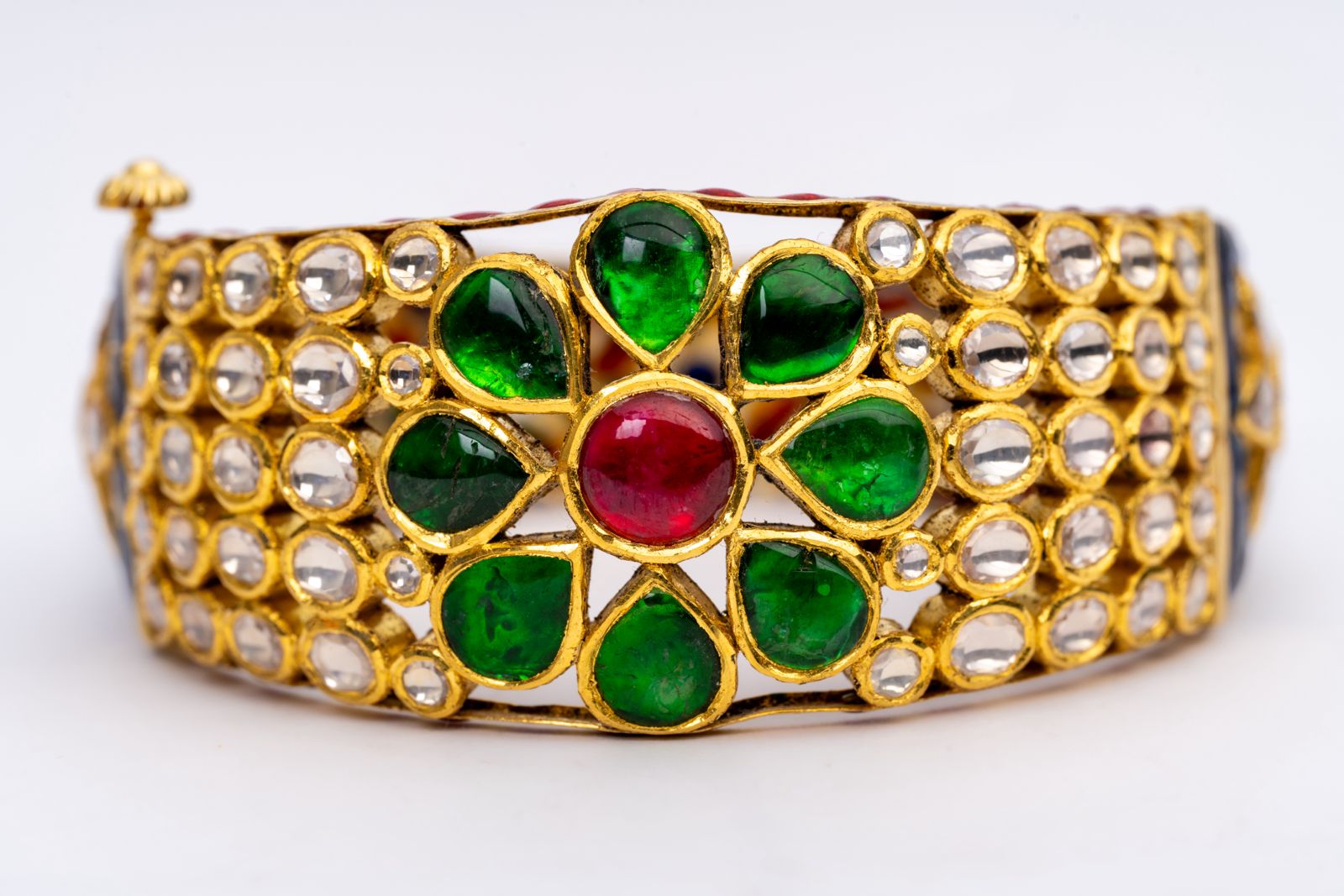Antique Ruby, Chrome Diopside And Polki Yellow Gold Handmade Enamel Work Bangle Bracelets