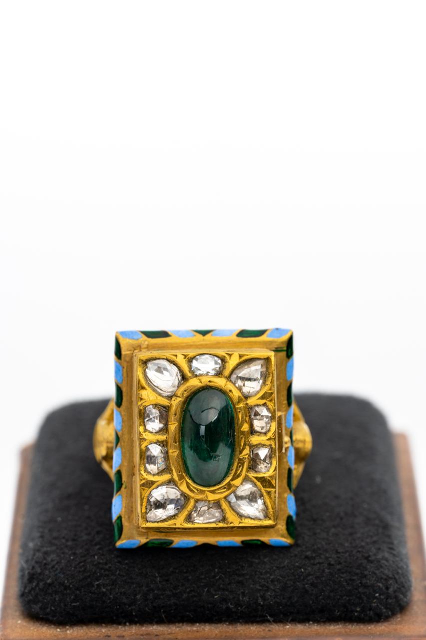 Vintage Emerald And Polki Solid Yellow Gold Enamel Work Handmade Rings Jewelry
