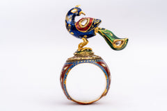Peacock-Polki Diamond Gemstone Yellow Gold Handmade Enamel Work Rings Jewelry