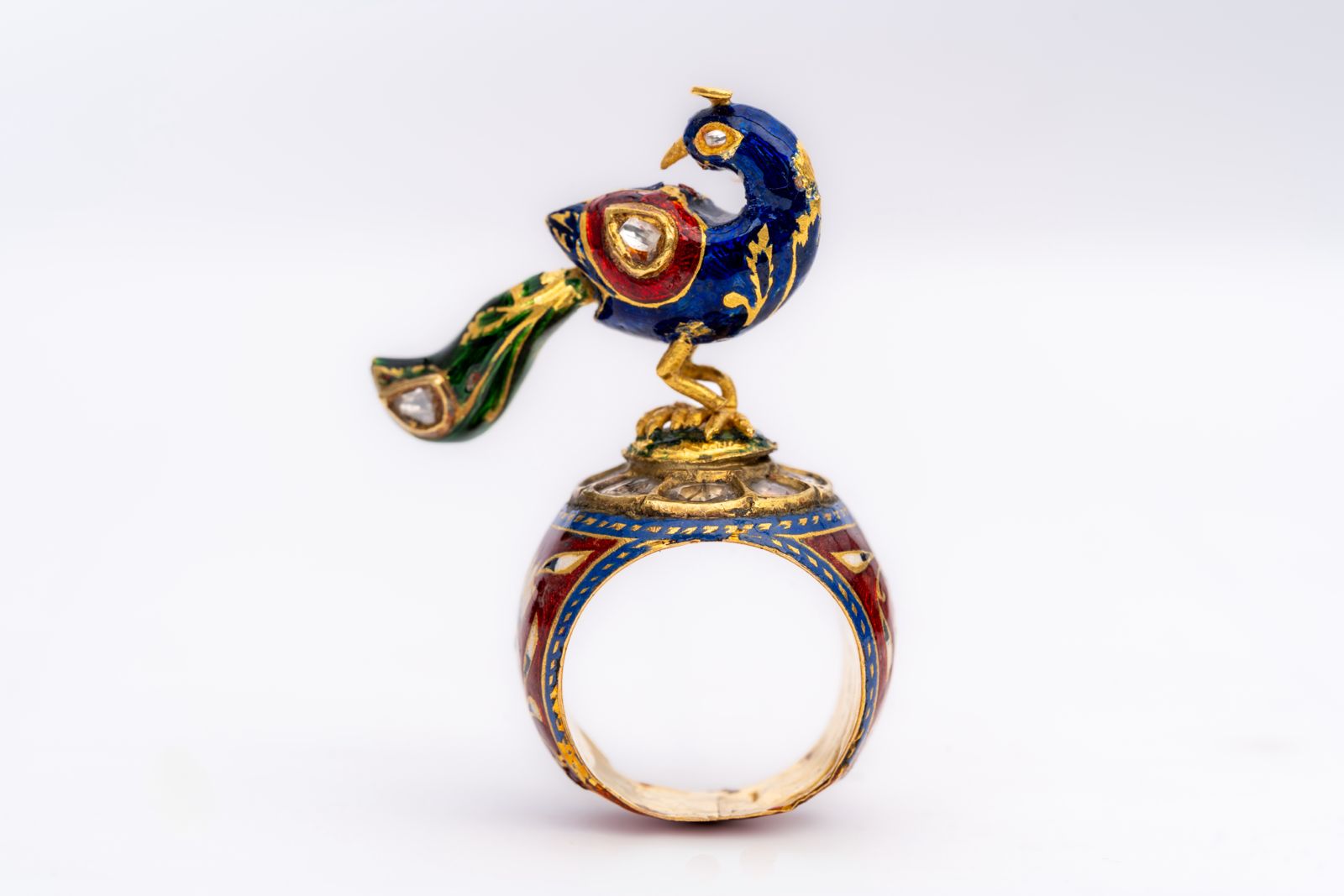 Peacock-Polki Diamond Gemstone Yellow Gold Handmade Enamel Work Rings Jewelry