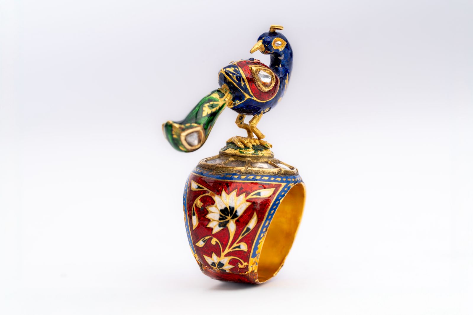 Peacock-Polki Diamond Gemstone Yellow Gold Handmade Enamel Work Rings Jewelry