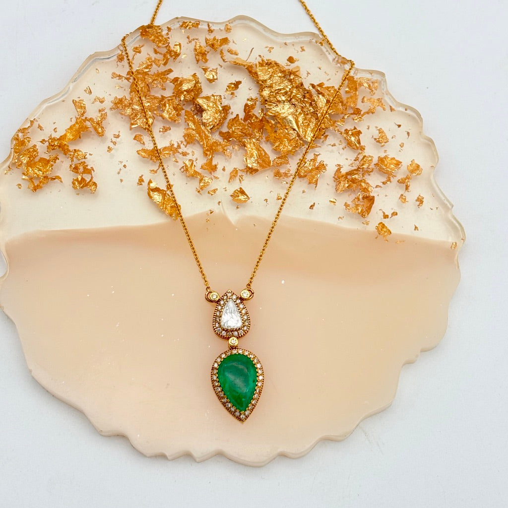 High Quality Emerald And Diamond 18k Solid Yellow Gold Chain Pendant Jewelry