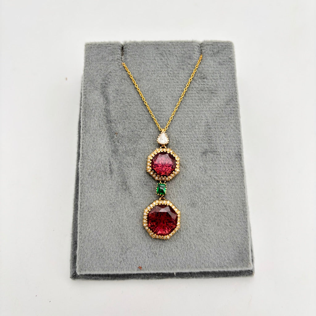 Precious Pink Tourmaline And Diamond 18k Solid Yellow Gold Chain Pendant Jewelry