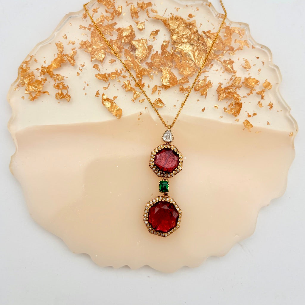 Precious Pink Tourmaline And Diamond 18k Solid Yellow Gold Chain Pendant Jewelry