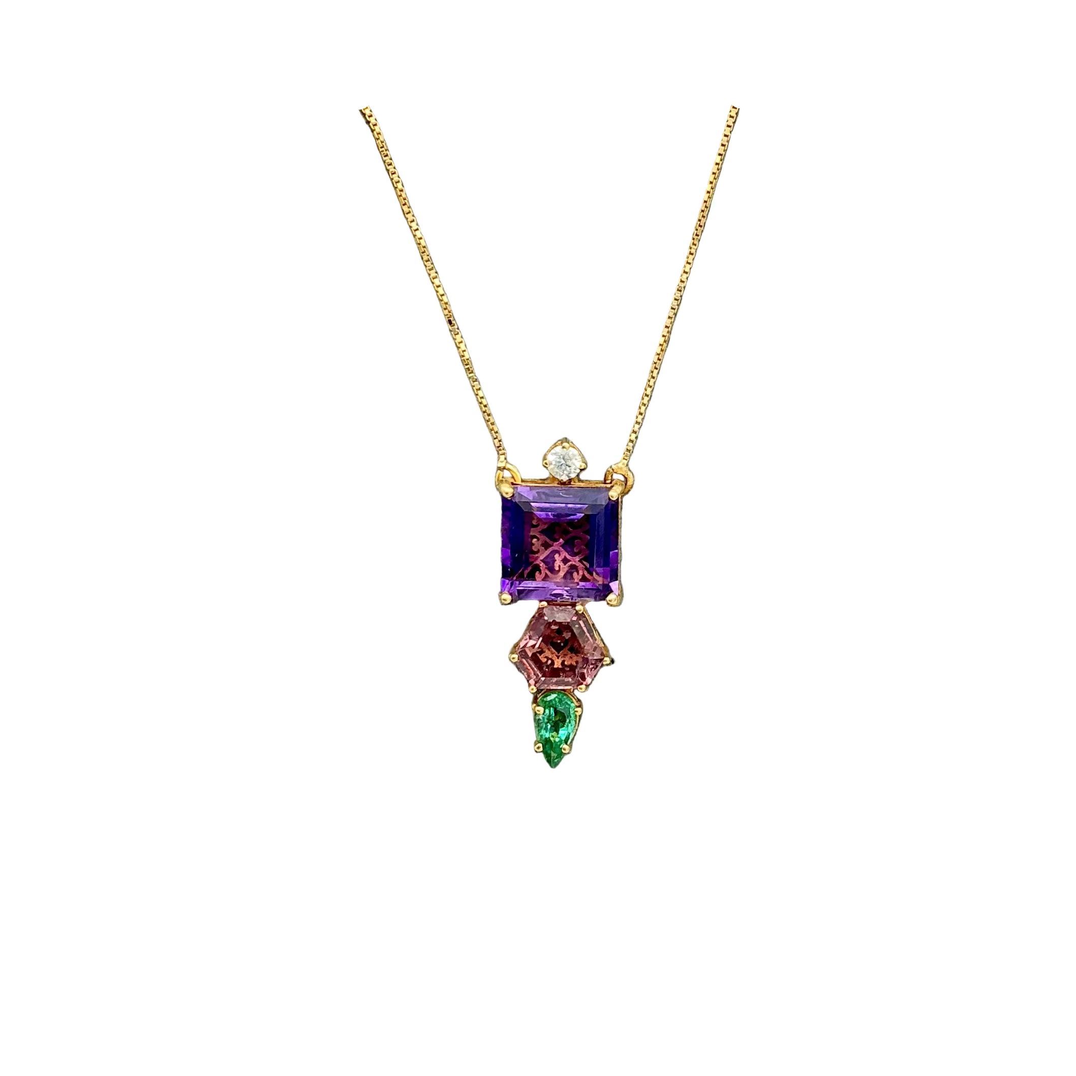 Natural Amethyst And Multi Gemstone 18k Solid Yellow Gold Handmade Chain Pendant Jewelry