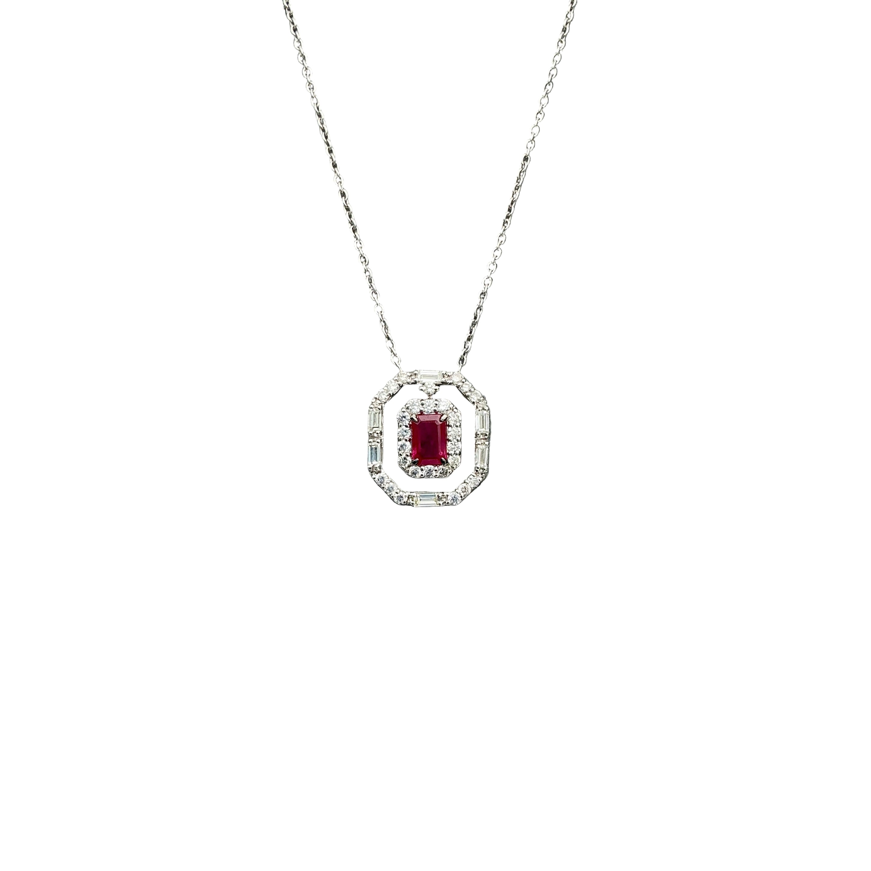 Precious Ruby And Diamond 18k Solid White Gold Pendant Necklace Jewelry