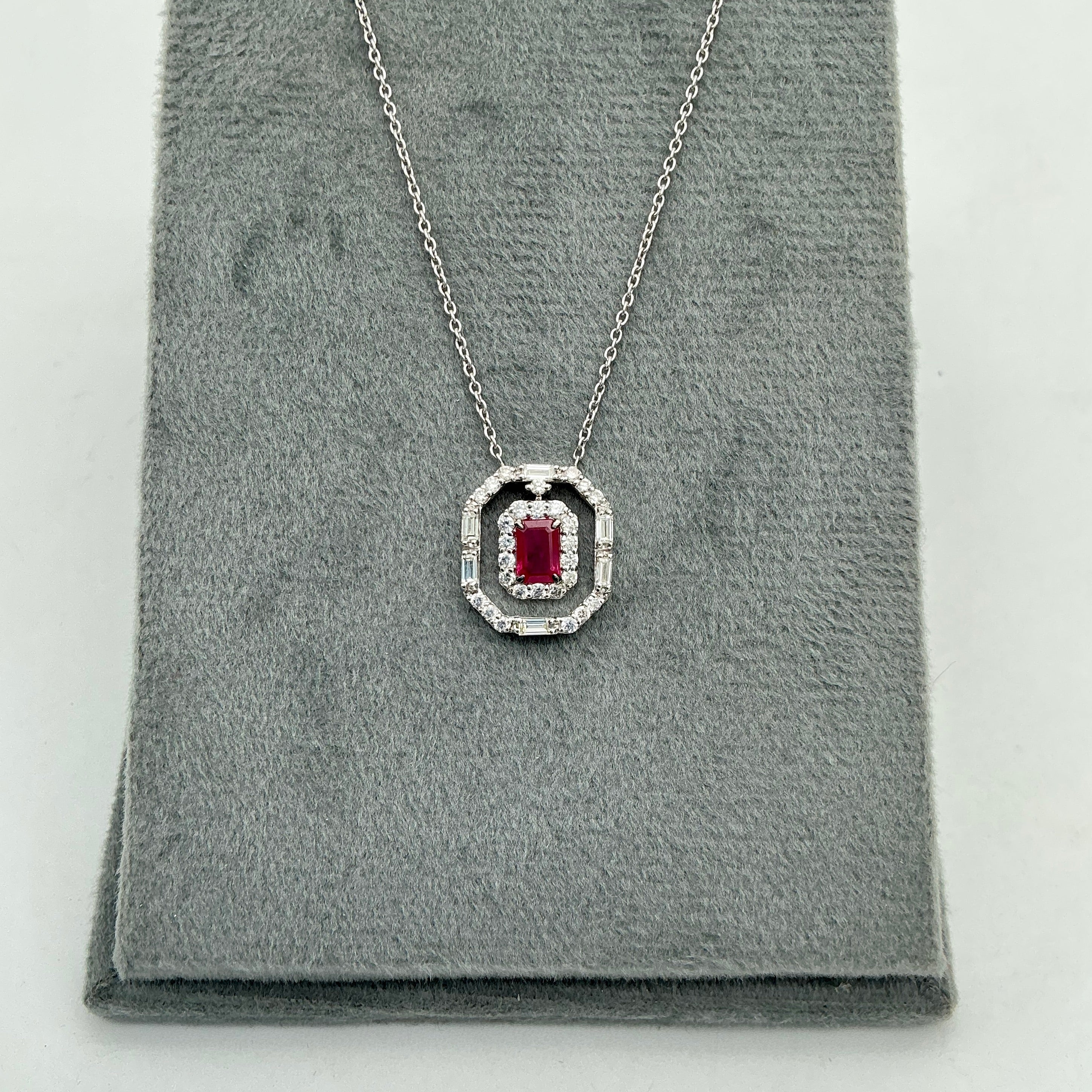 Precious Ruby And Diamond 18k Solid White Gold Pendant Necklace Jewelry