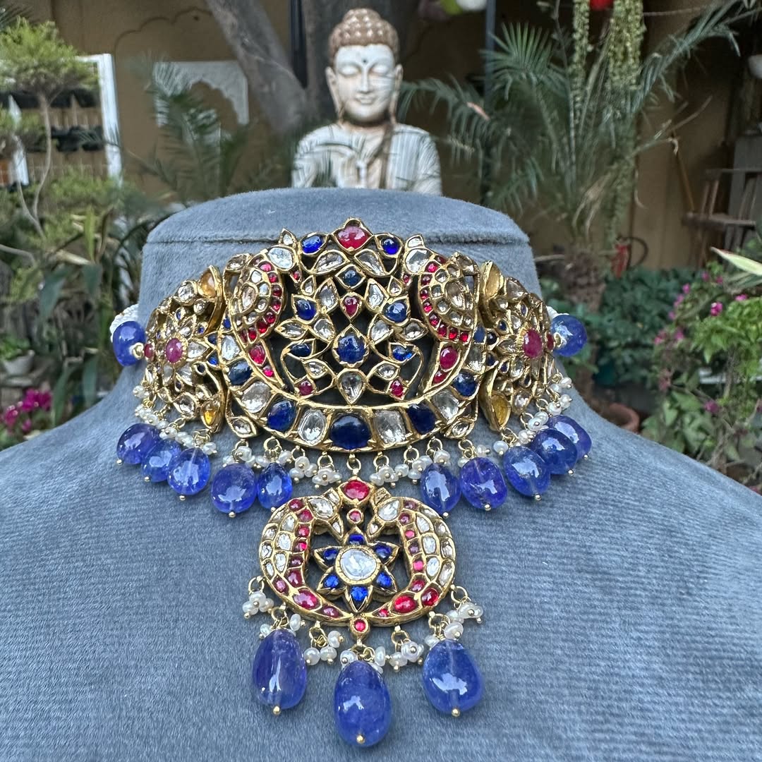 Exquisite Tanzanite, Ruby & Polki Multi-Gemstone Yellow Gold Aad Necklace