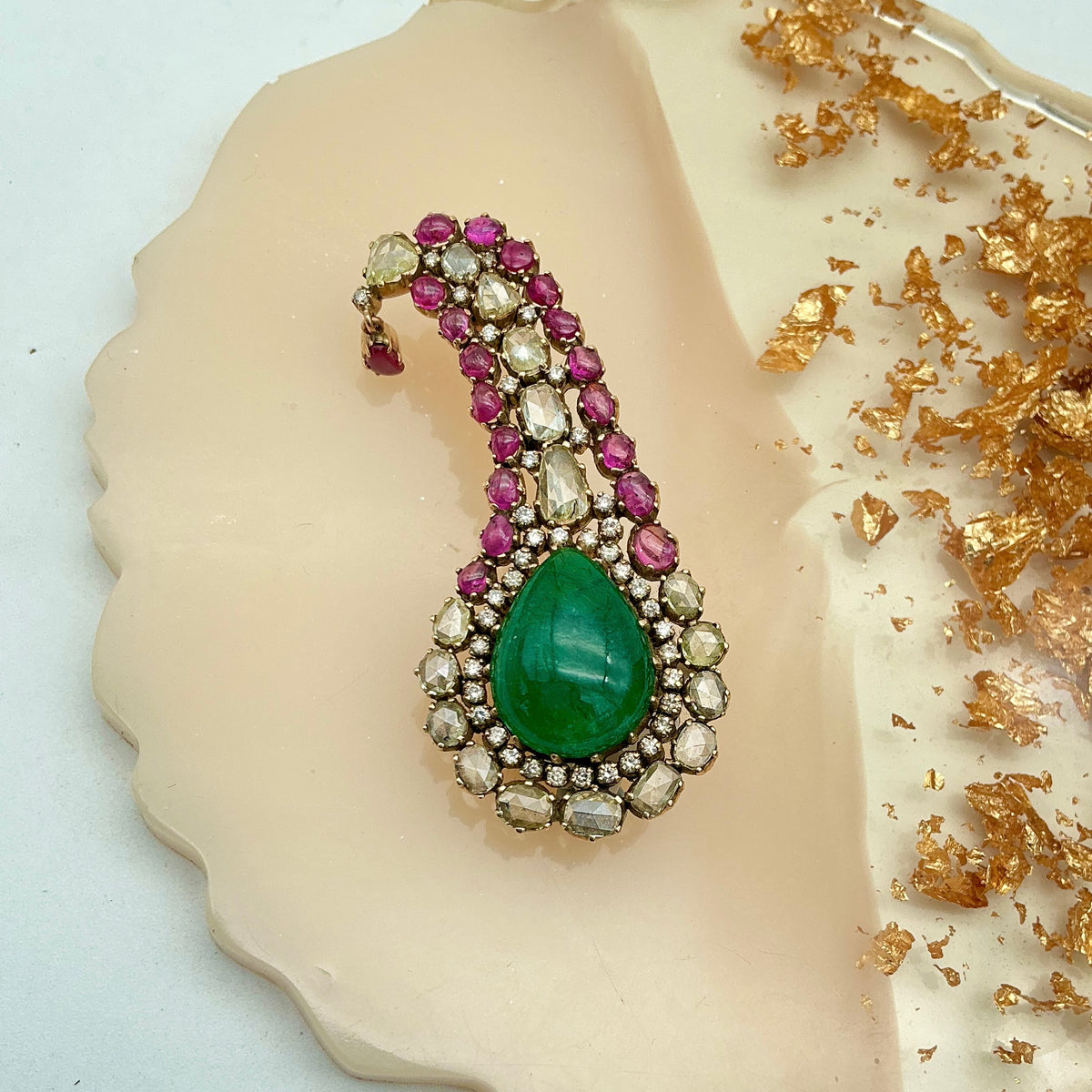 Natural Burma Ruby, Emerald And Diamond 14k Yellow Gold Handmade Brooches