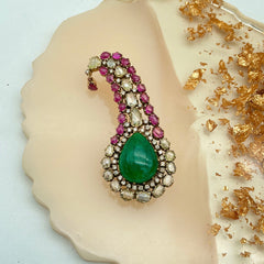 Natural Burma Ruby, Emerald And Diamond 14k Yellow Gold Handmade Brooches