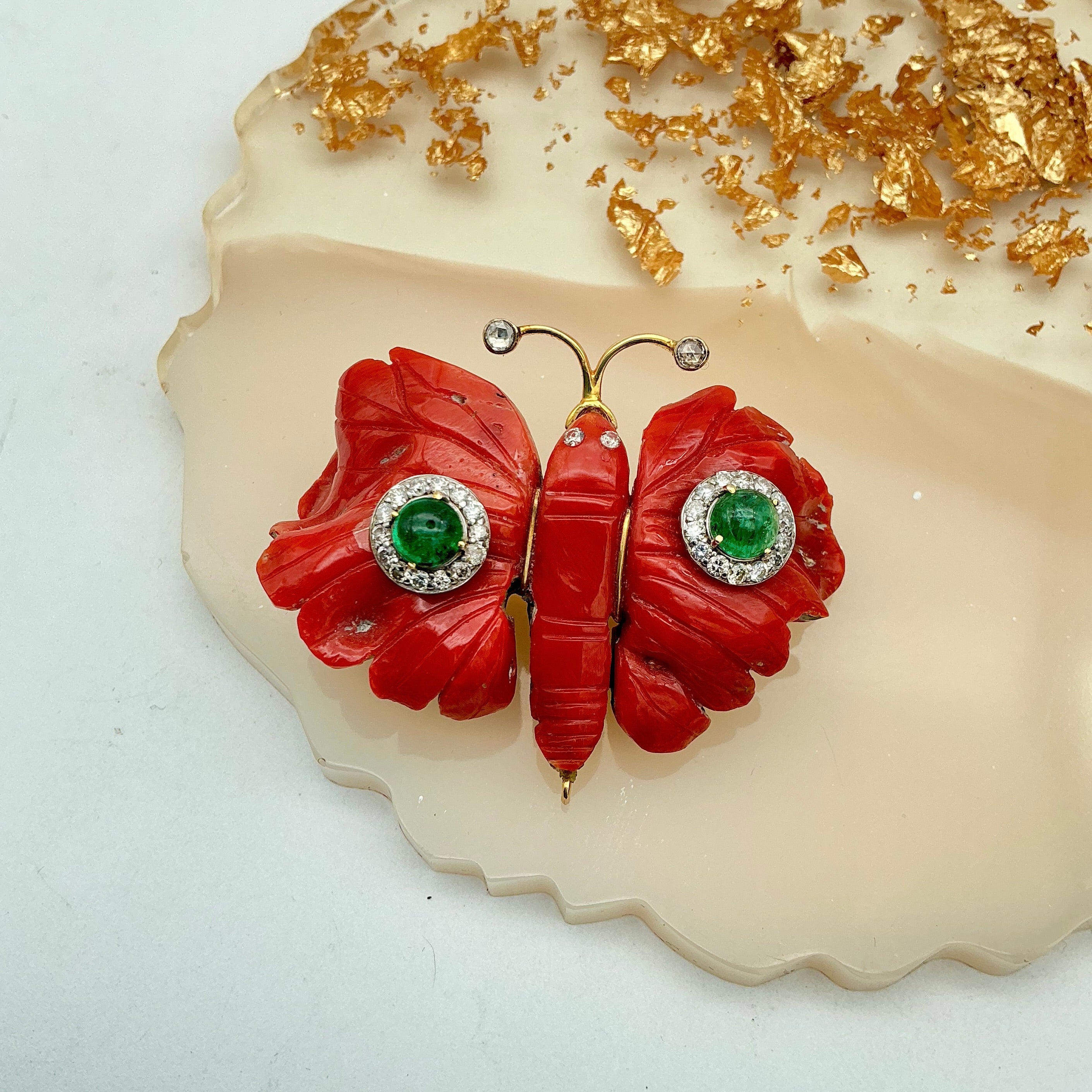 Butterfly-Coral, Emerald And Diamond 14k Solid Yellow Gold Brooches