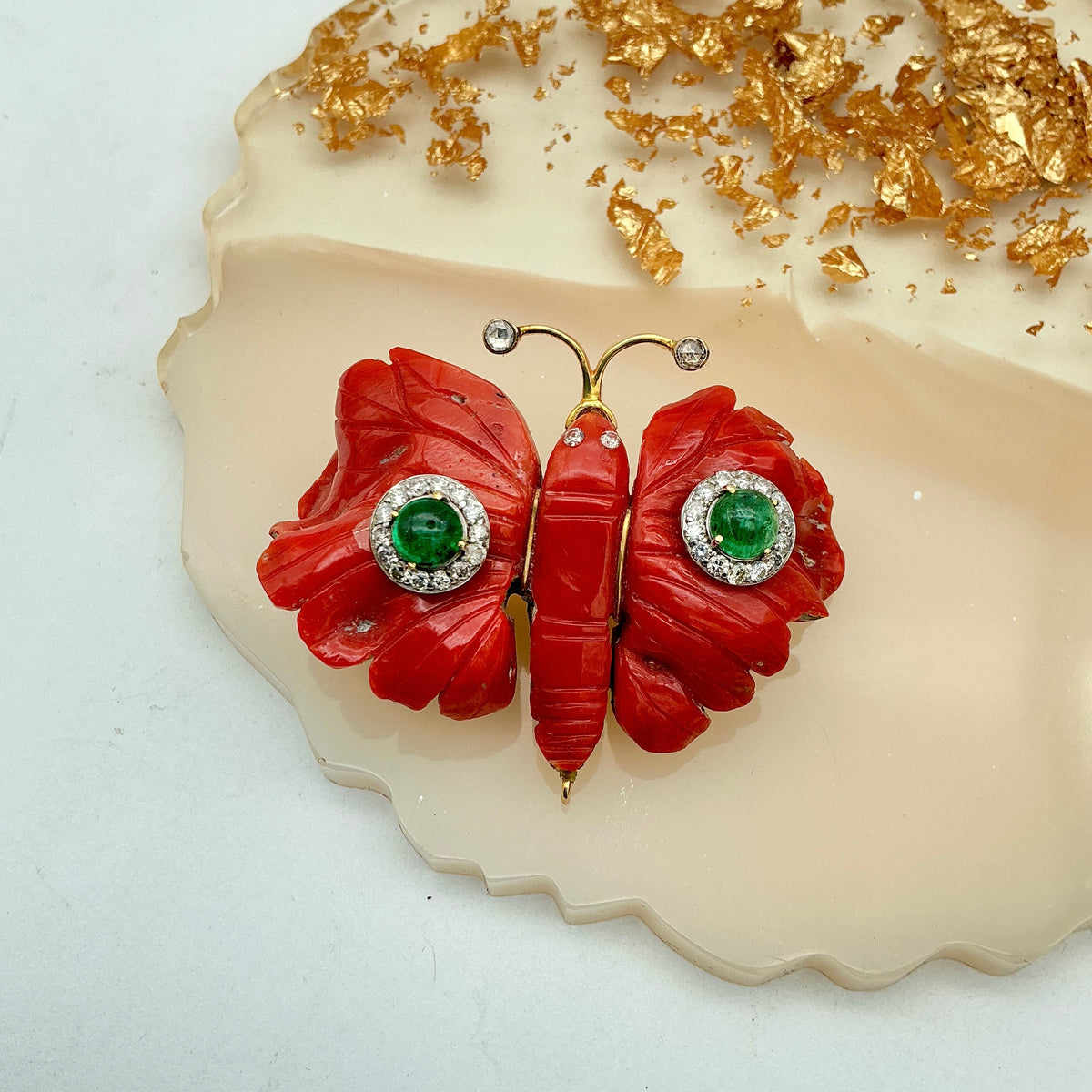 Butterfly-Coral, Emerald And Diamond 14k Solid Yellow Gold Brooches