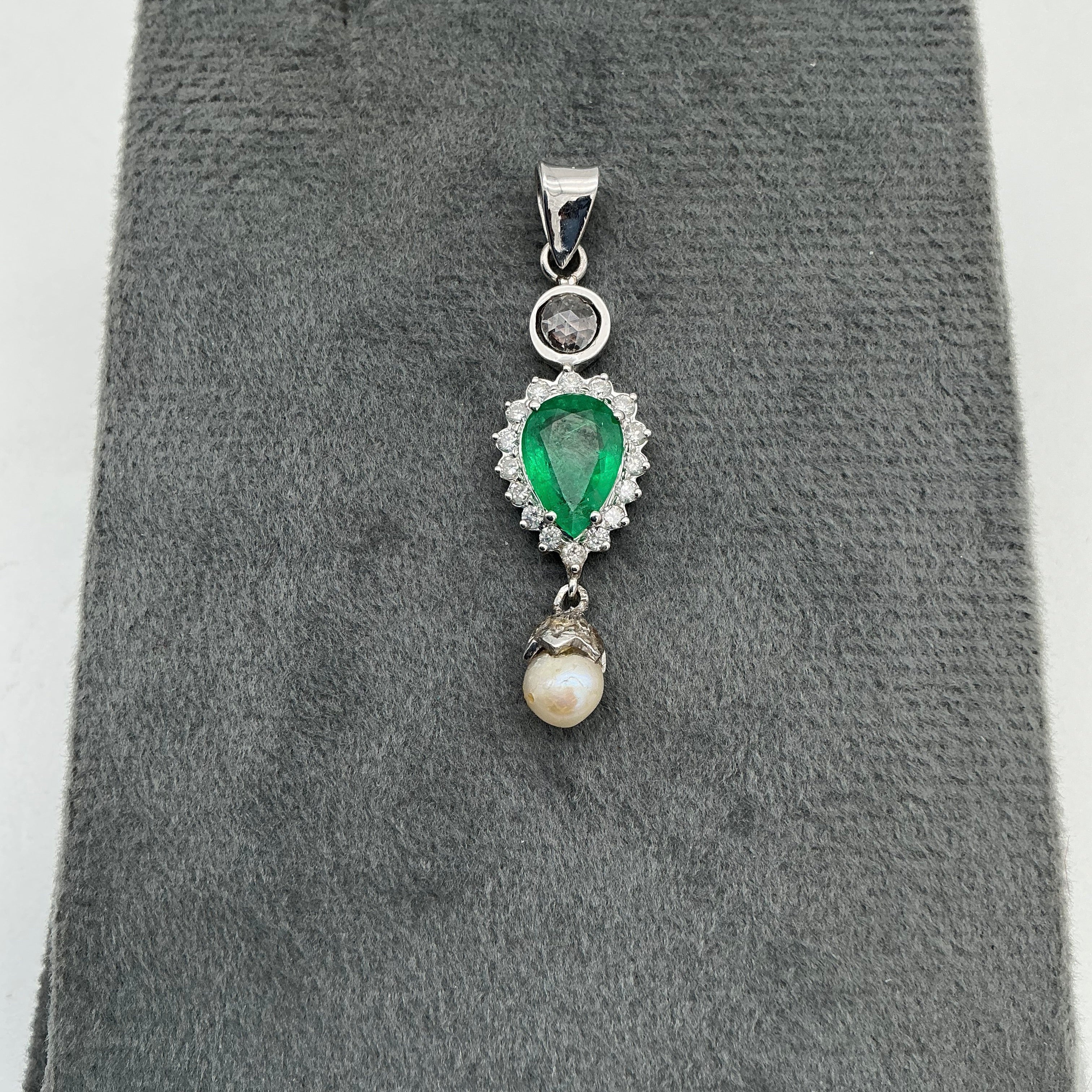 Precious Emerald, Pearl And Diamond 18k Solid White Gold Pendant Jewelry