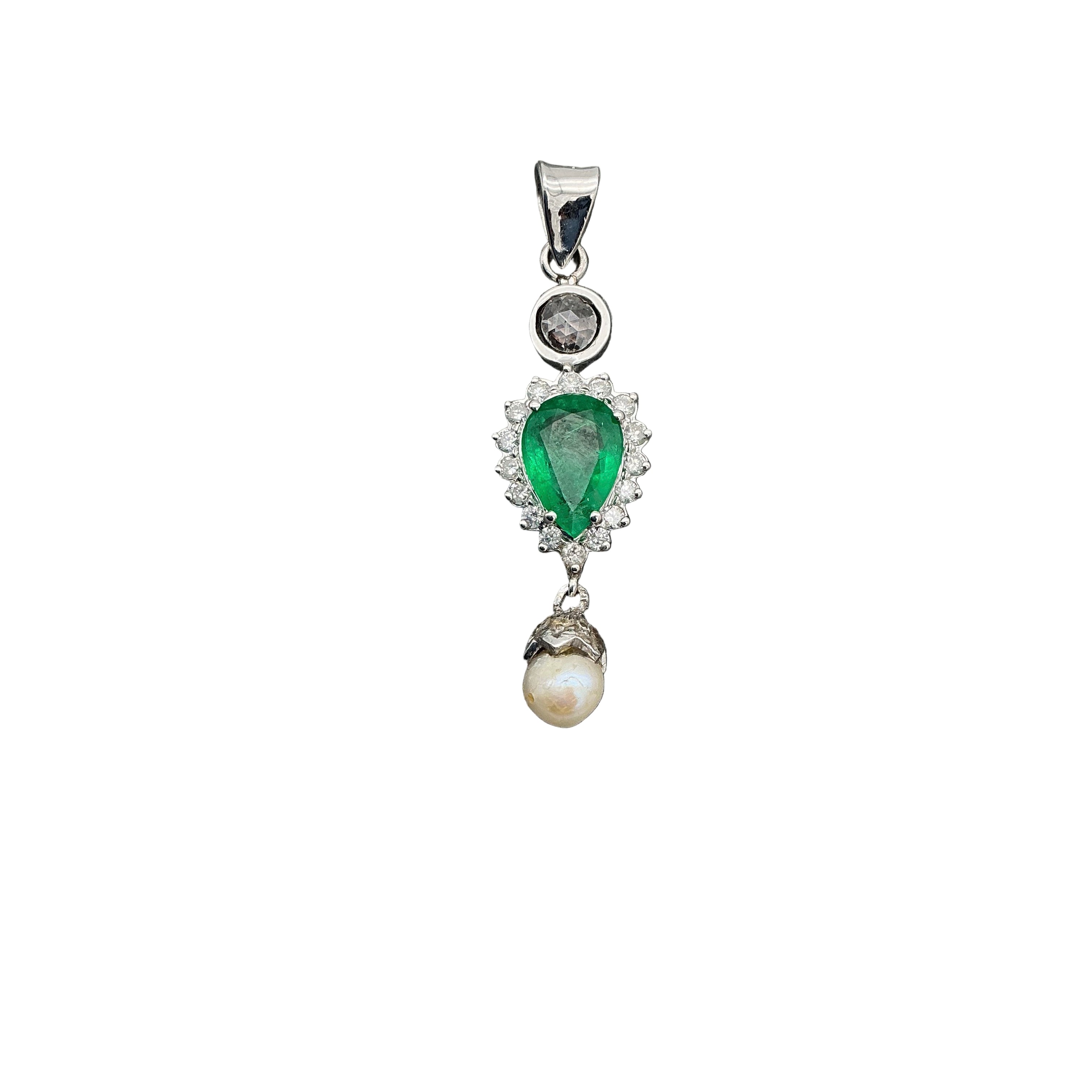 Precious Emerald, Pearl And Diamond 18k Solid White Gold Pendant Jewelry