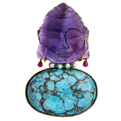 Buddha-Natural Amethyst, Ruby, Turquoise And Multi Gemstone 925 Sterling Silver Brooch Jewelry