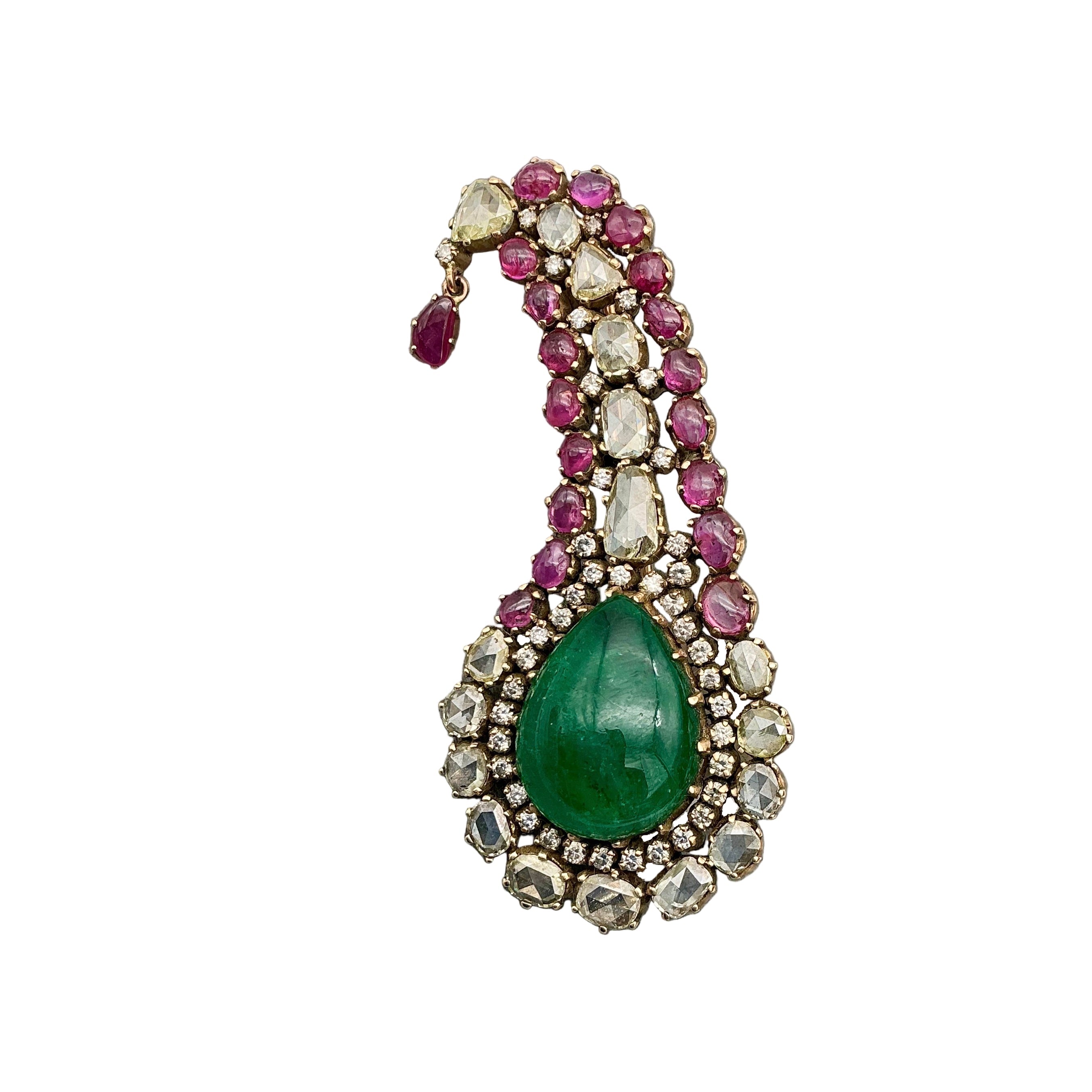 Natural Burma Ruby, Emerald And Diamond 14k Yellow Gold Handmade Brooches