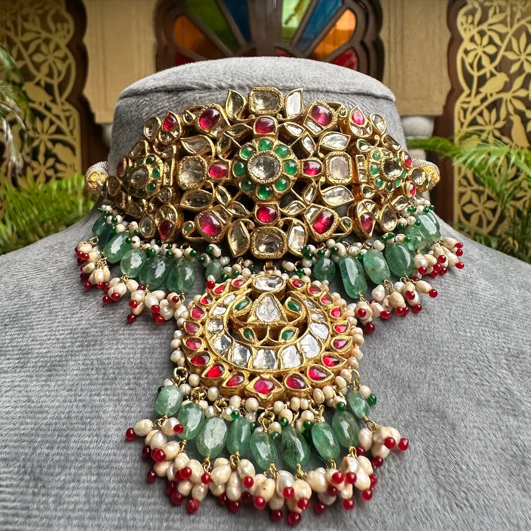 Royal Emerald, Polki & Tourmaline Multi-Gemstone Yellow Gold Talaf Aad Necklace
