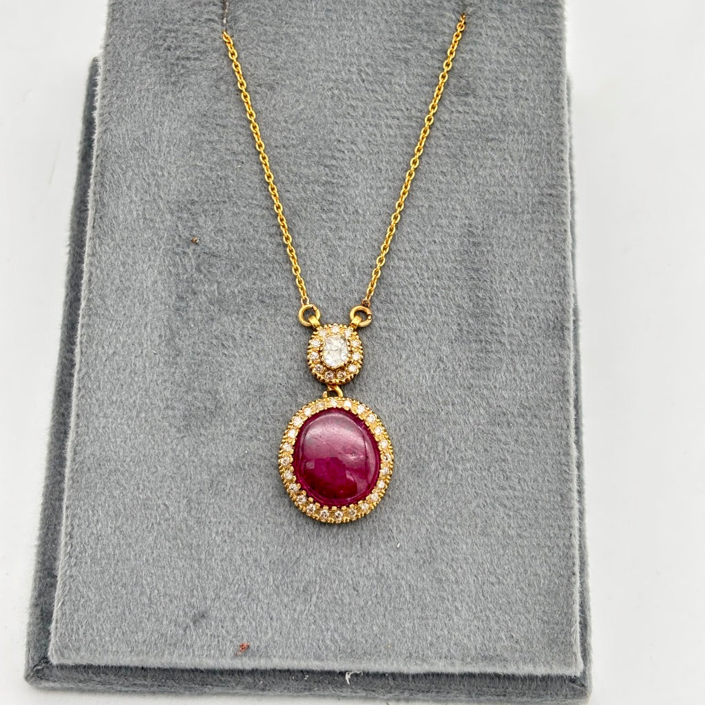 Natural Ruby And Diamond 18k Yellow Gold Handmade Chain Necklace Jewelry