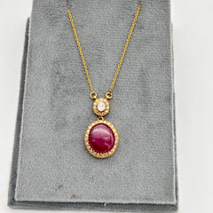 Natural Ruby And Diamond 18k Yellow Gold Handmade Chain Necklace Jewelry