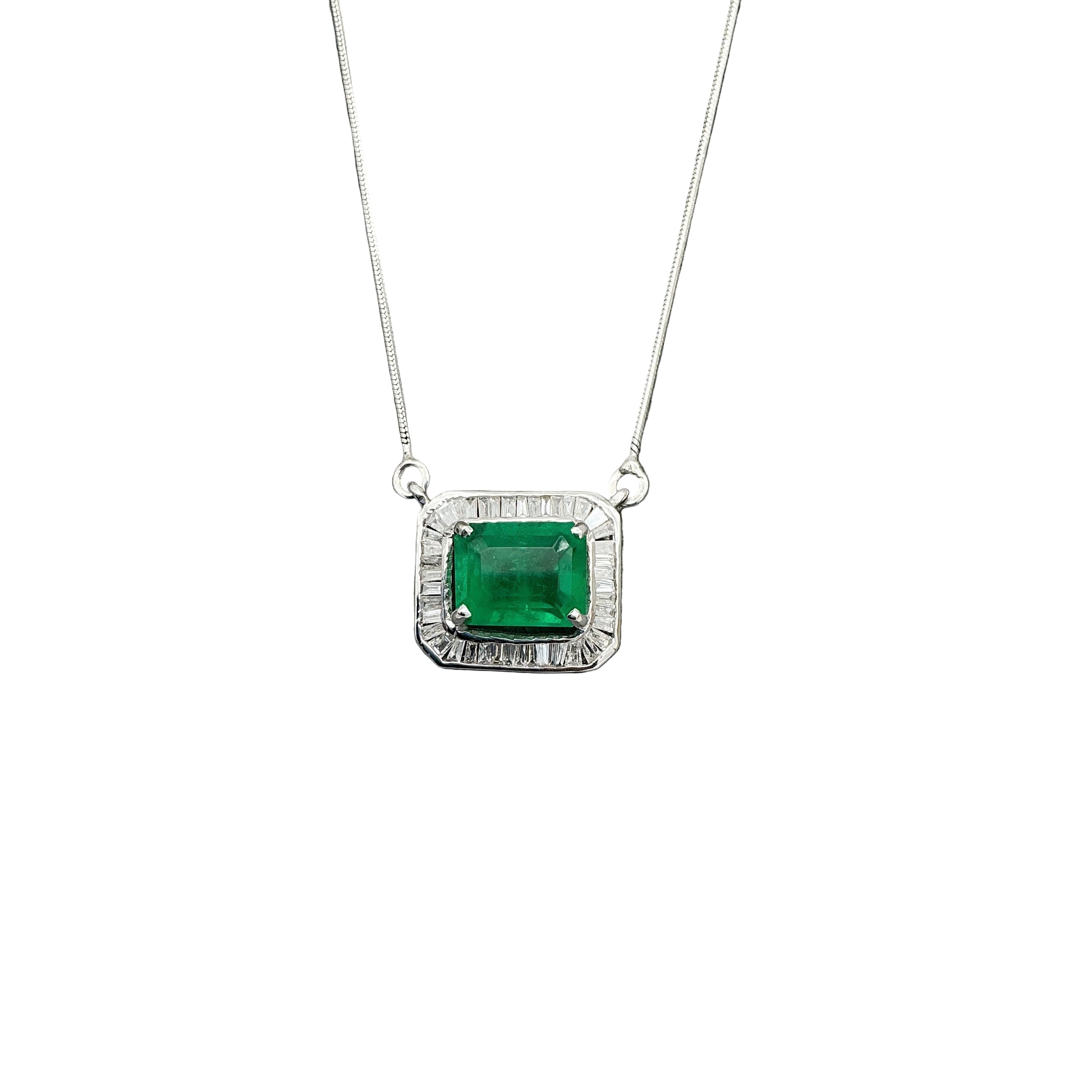 Precious Emerald And Diamond 14k White Gold Chain Pendant Jewelry