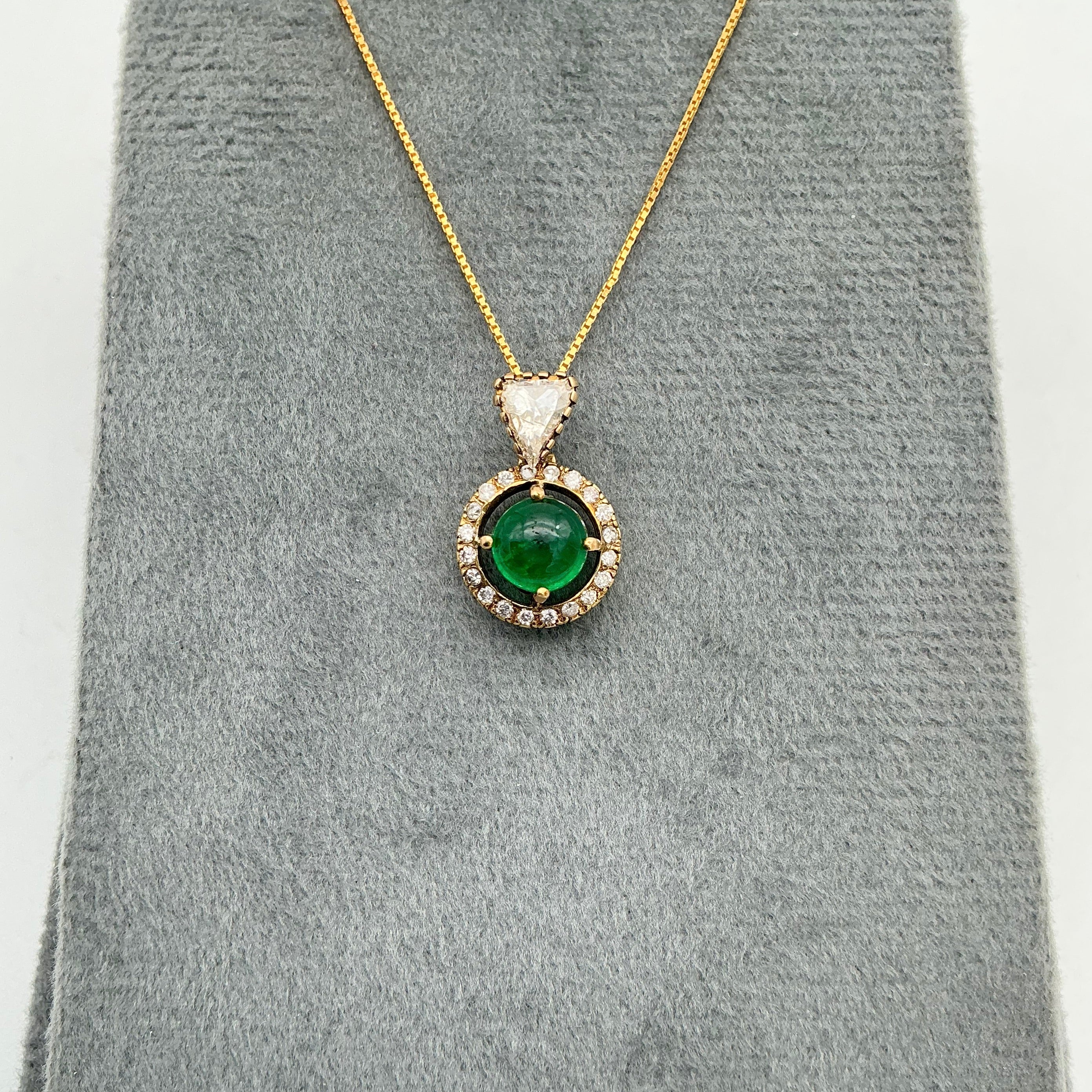 Natural Round Emerald And Diamond 14k Solid Yellow Gold Chain Pendant Jewelry