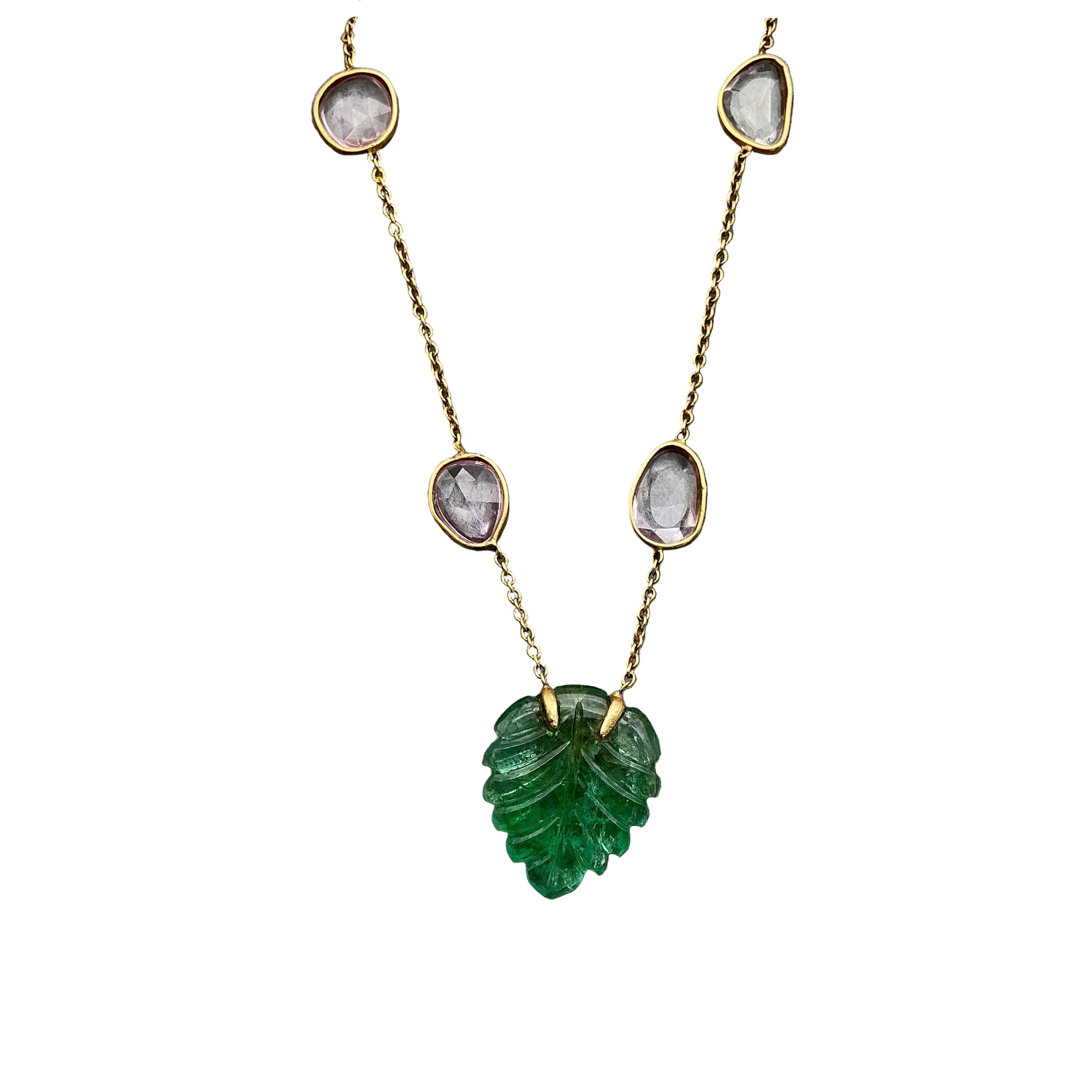 Precious Emerald And Pink Sapphire 18k Solid Yellow Gold Handmade Necklace Jewelry