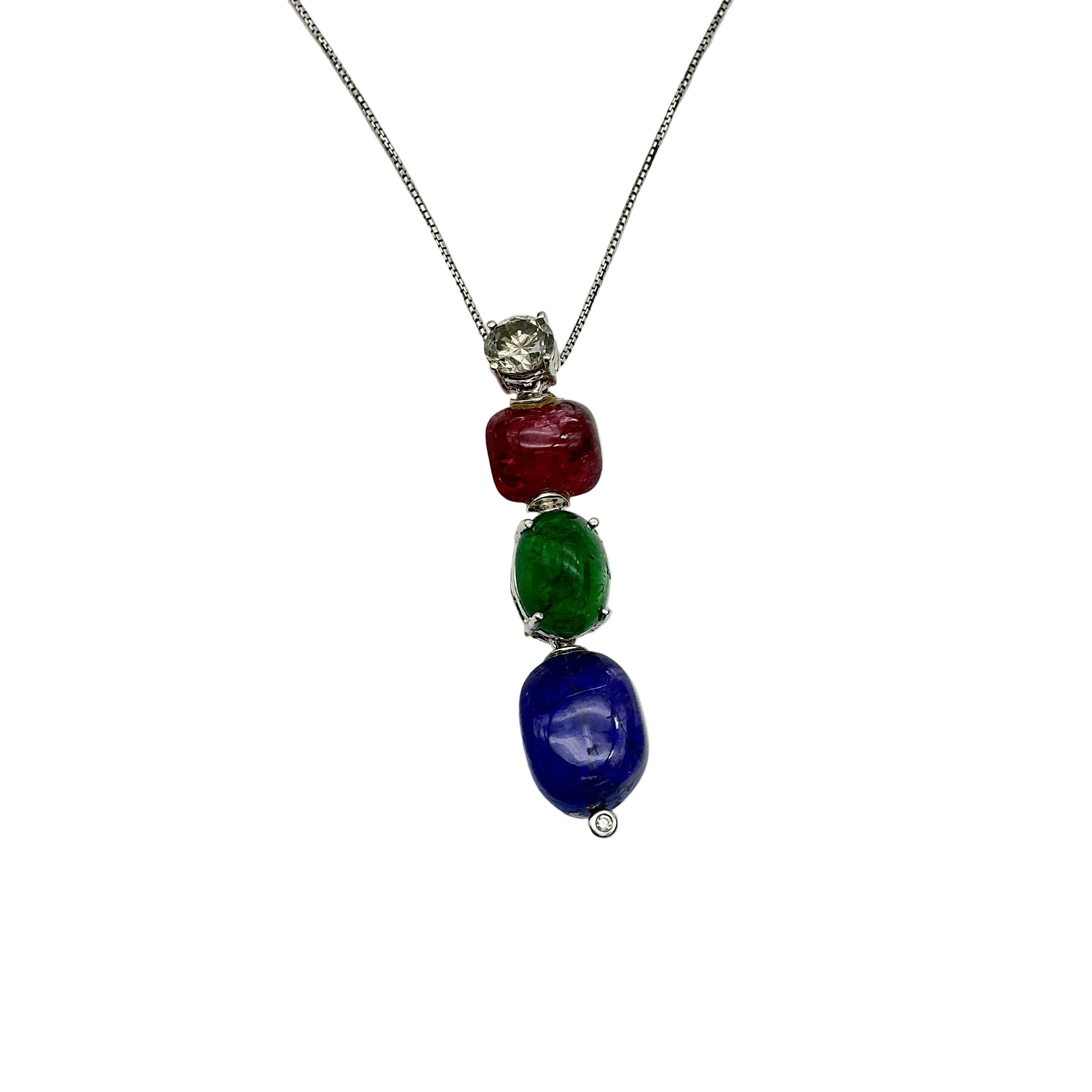 Natural Burma Ruby, Tanzanite, Emerald And Diamond 18k White Gold Pendant