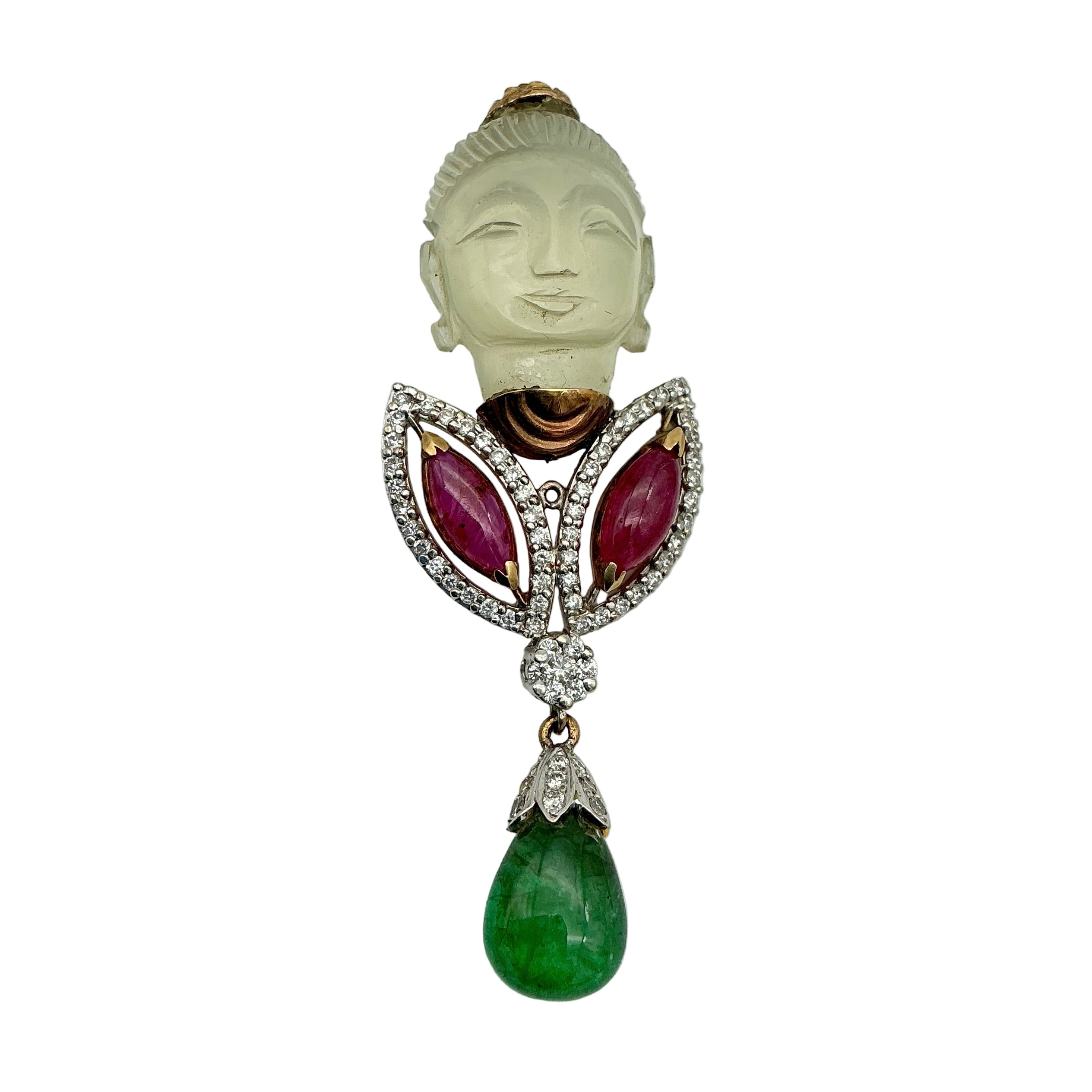 Buddha-Vintage Moonstone, Ruby, Emerald & Diamond 18k Yellow Gold Pendant Jewelry