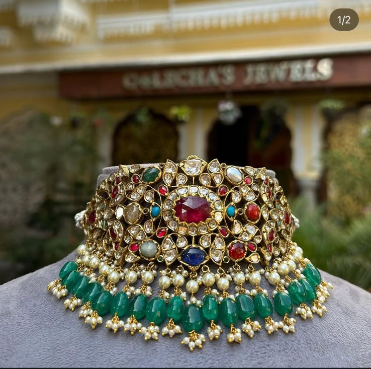 Exquisite Traditional Ruby, Polki Diamond And Multi Gemstone Yellow Gold Choker Necklace