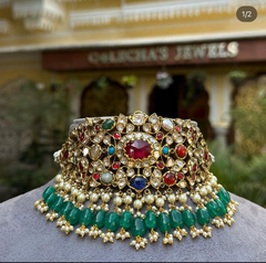 Exquisite Traditional Ruby, Polki Diamond And Multi Gemstone Yellow Gold Choker Necklace