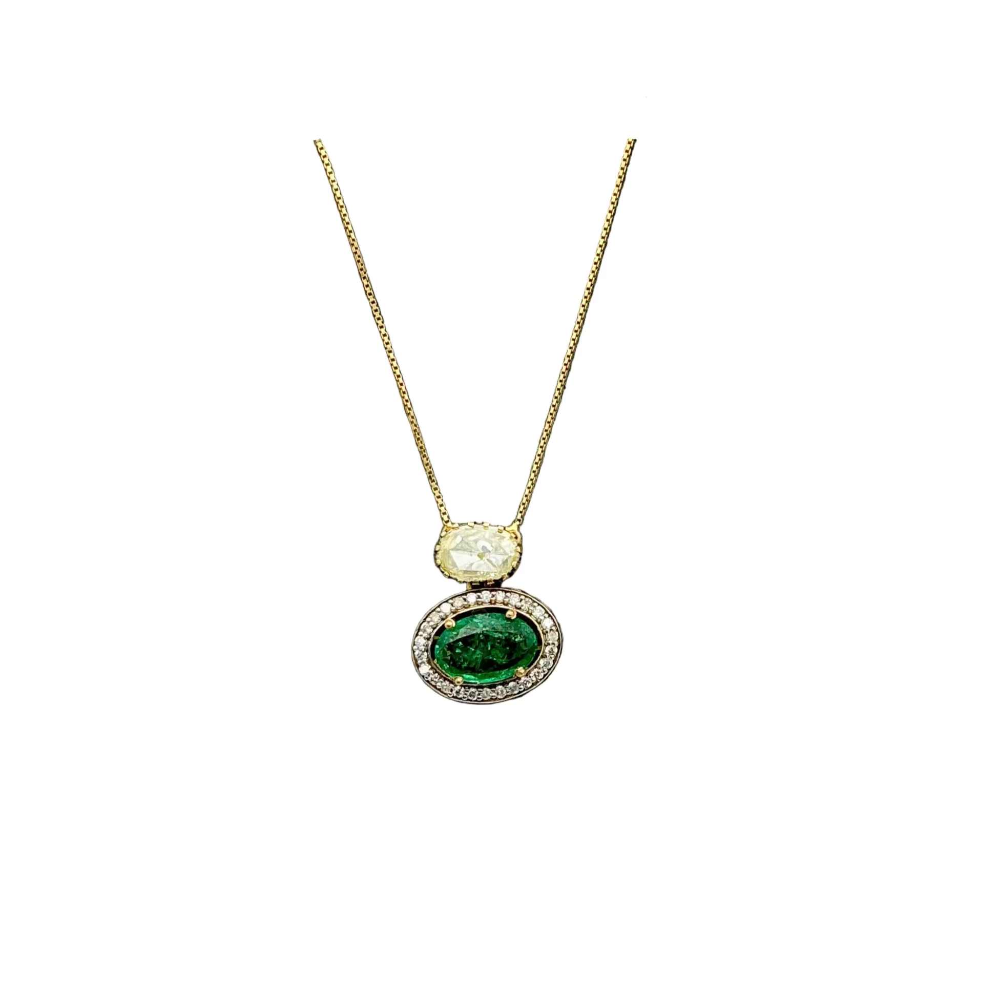 Precious Emerald And Diamond 18k Solid Yellow Gold Handmade Chain Pendant
