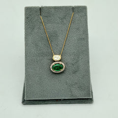 Precious Emerald And Diamond 18k Solid Yellow Gold Handmade Chain Pendant