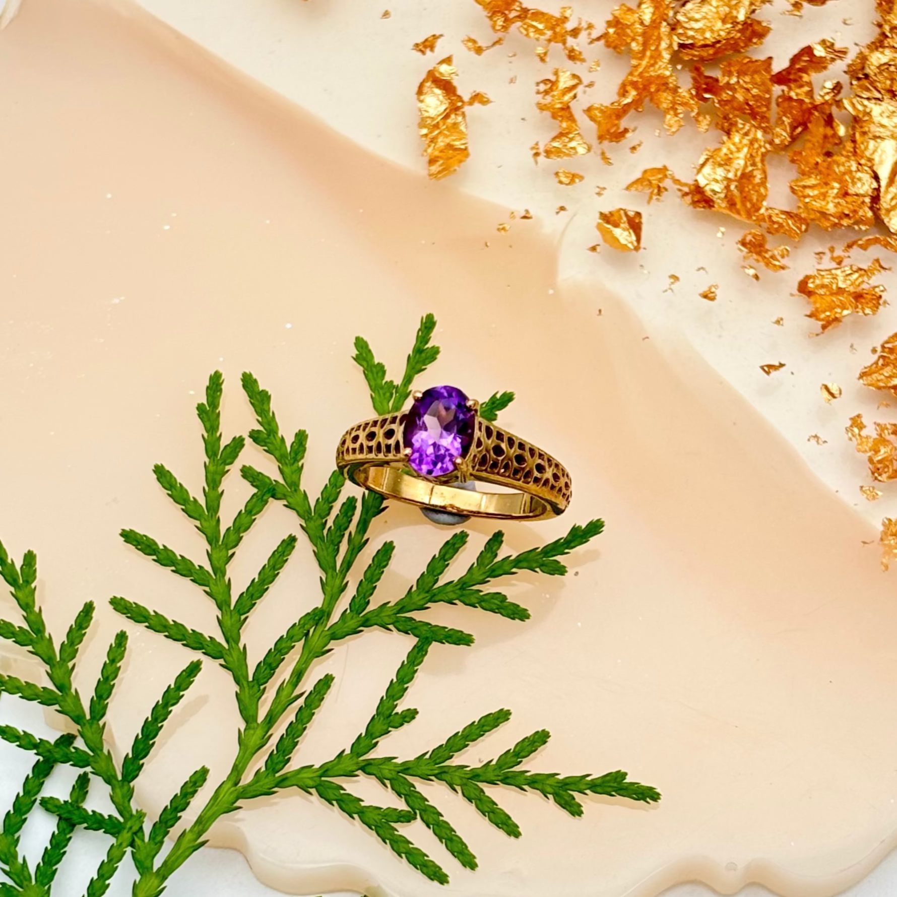 Natural Oval Amethyst 925 Sterling Silver Yellow Gold Plated Rings Jewelry