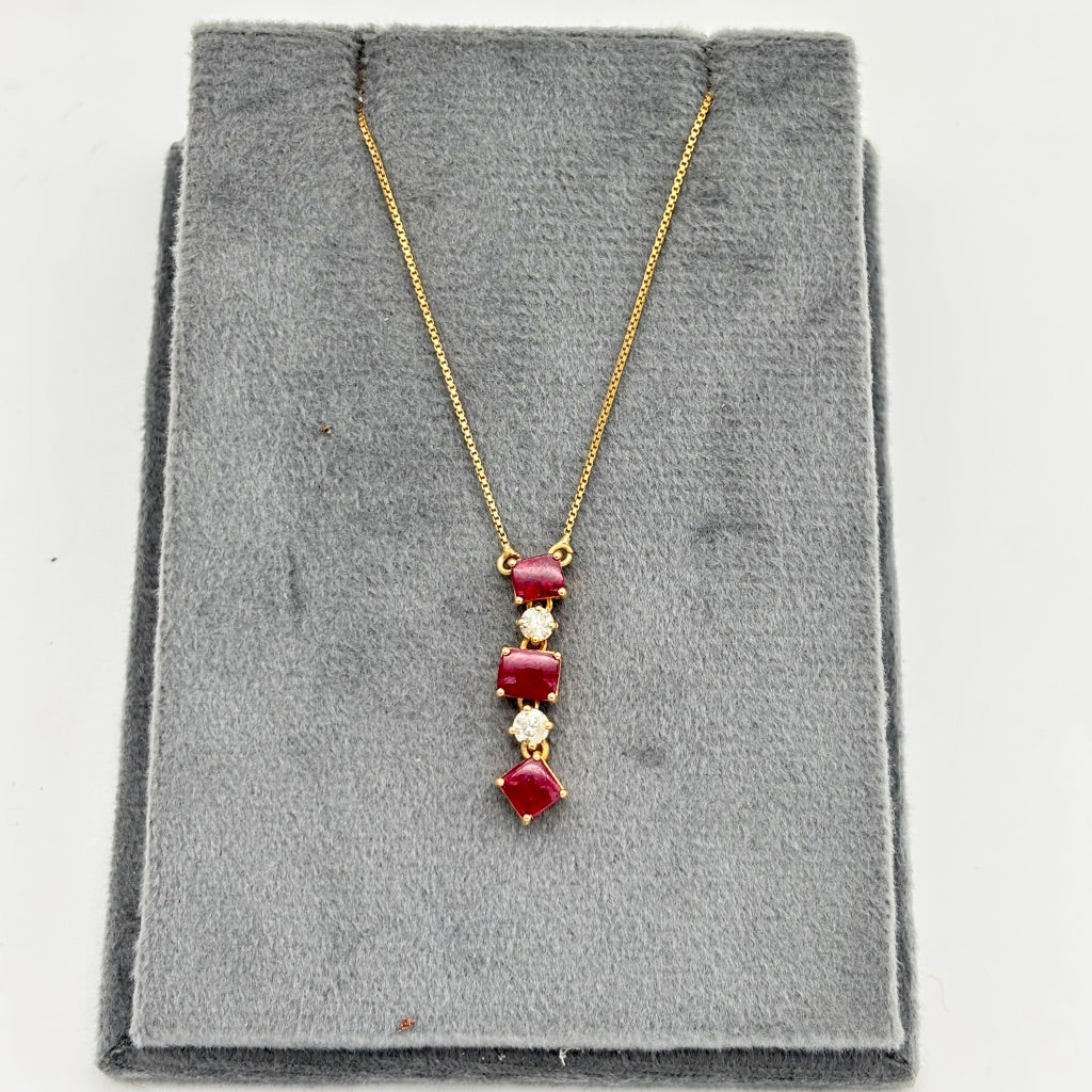 Exquisite Ruby And Diamond 18k Solid Yellow Gold Handmade Chain Pendant Jewelry