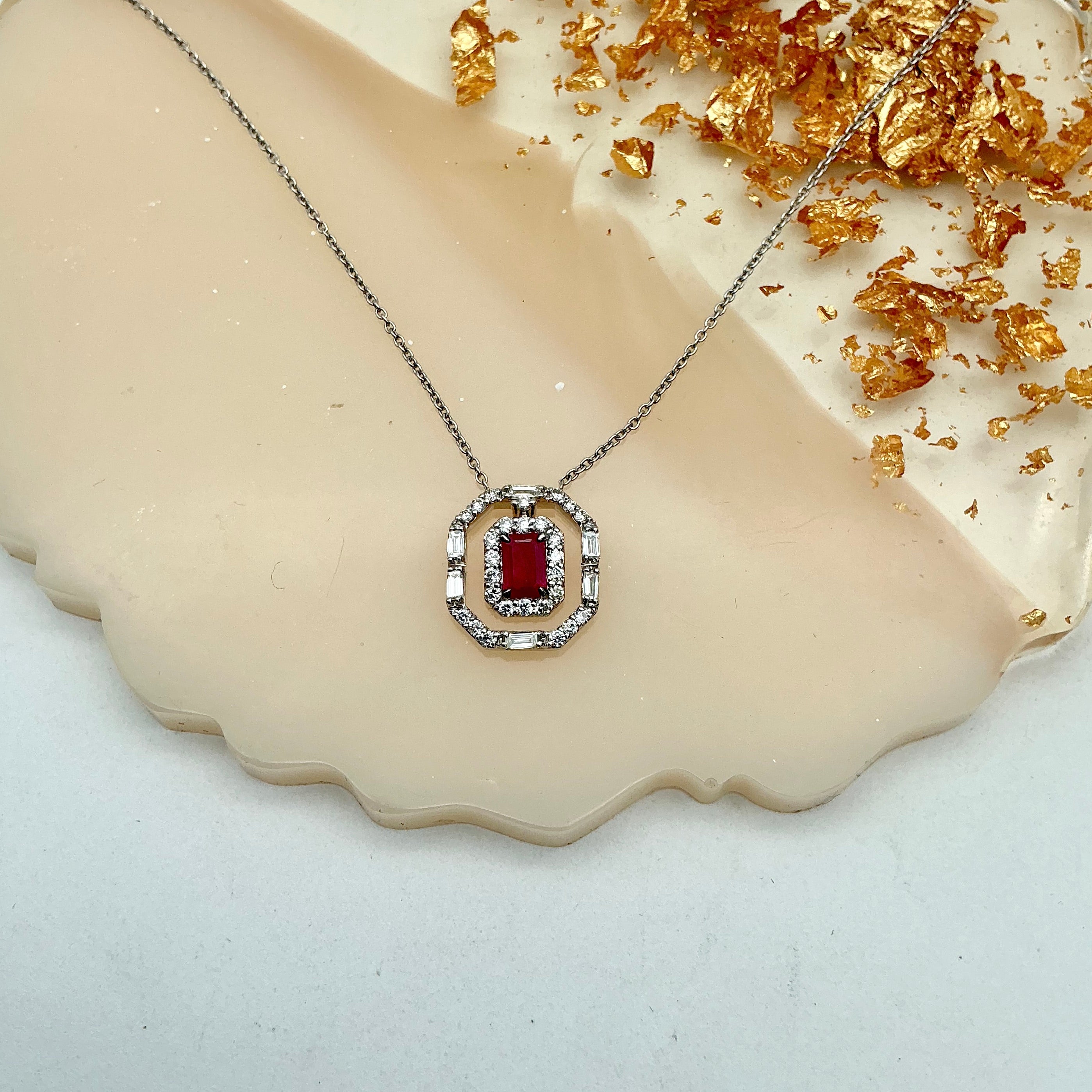 Precious Ruby And Diamond 18k Solid White Gold Pendant Necklace Jewelry