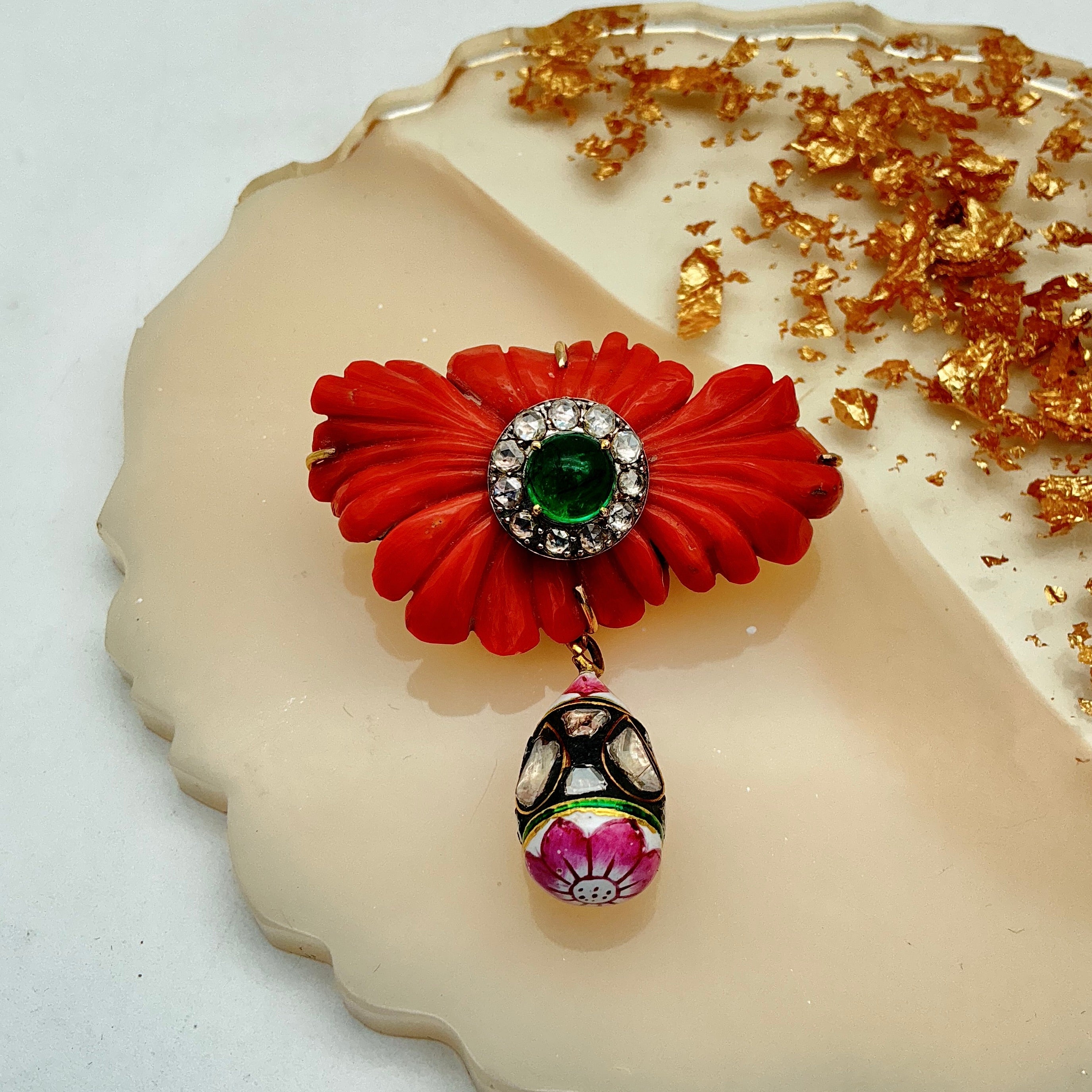 Natural Coral, Emerald And Polki Diamond 14k Yellow Gold Enamel Work Brooches