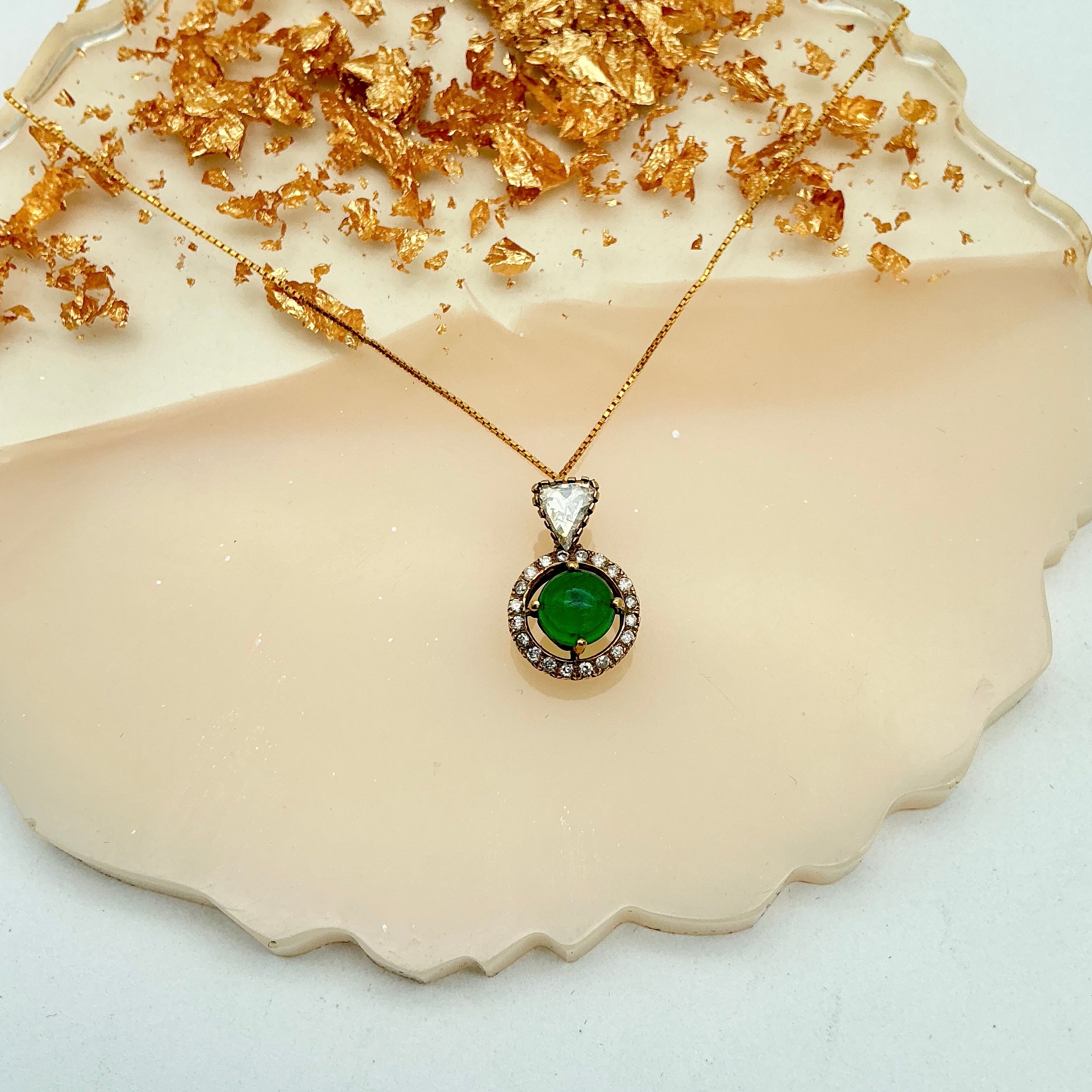 Natural Round Emerald And Diamond 14k Solid Yellow Gold Chain Pendant Jewelry