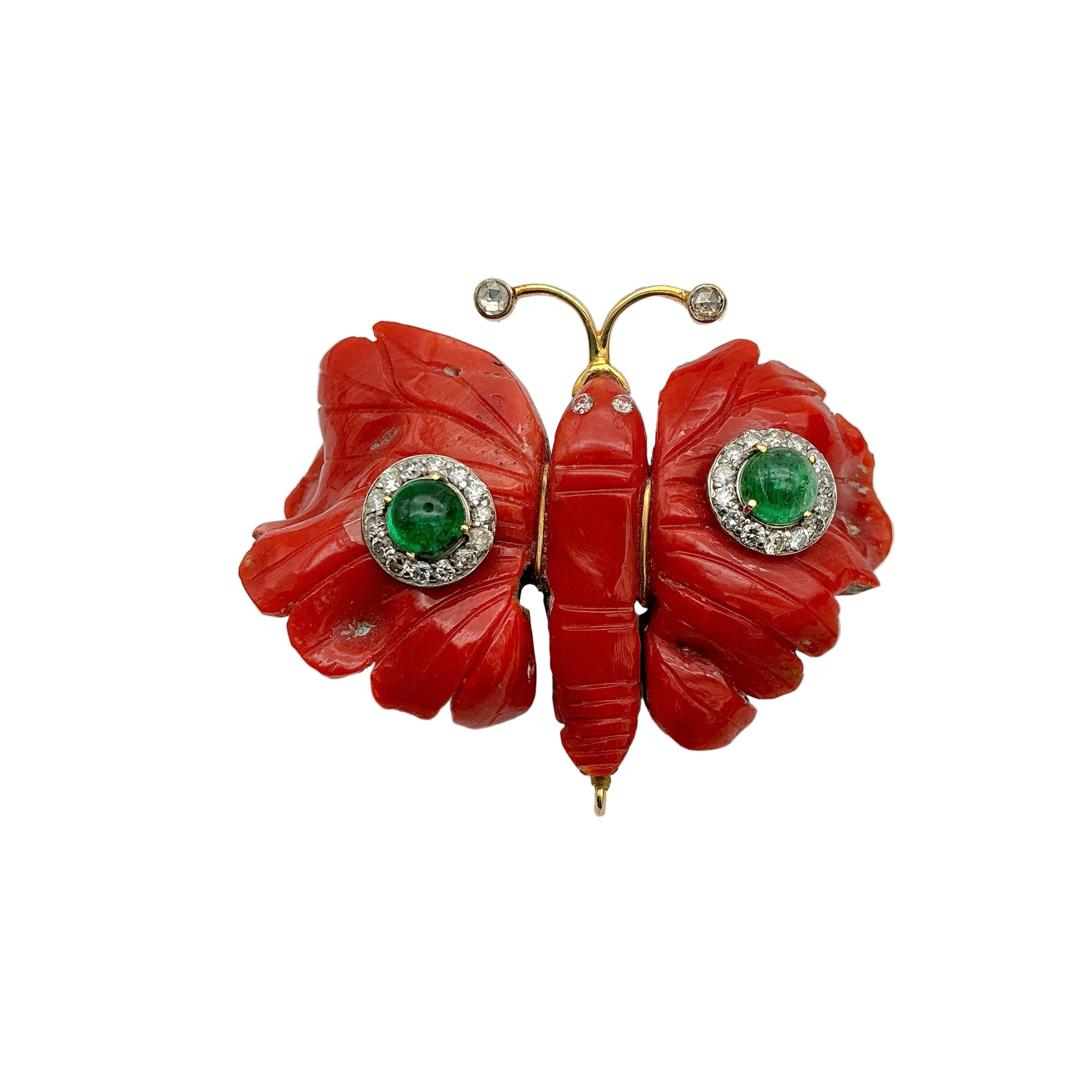 Butterfly-Coral, Emerald And Diamond 14k Solid Yellow Gold Brooches