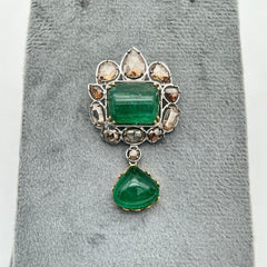 Emerald And Diamond 18k Solid White Gold Handmade Pendant Jewelry