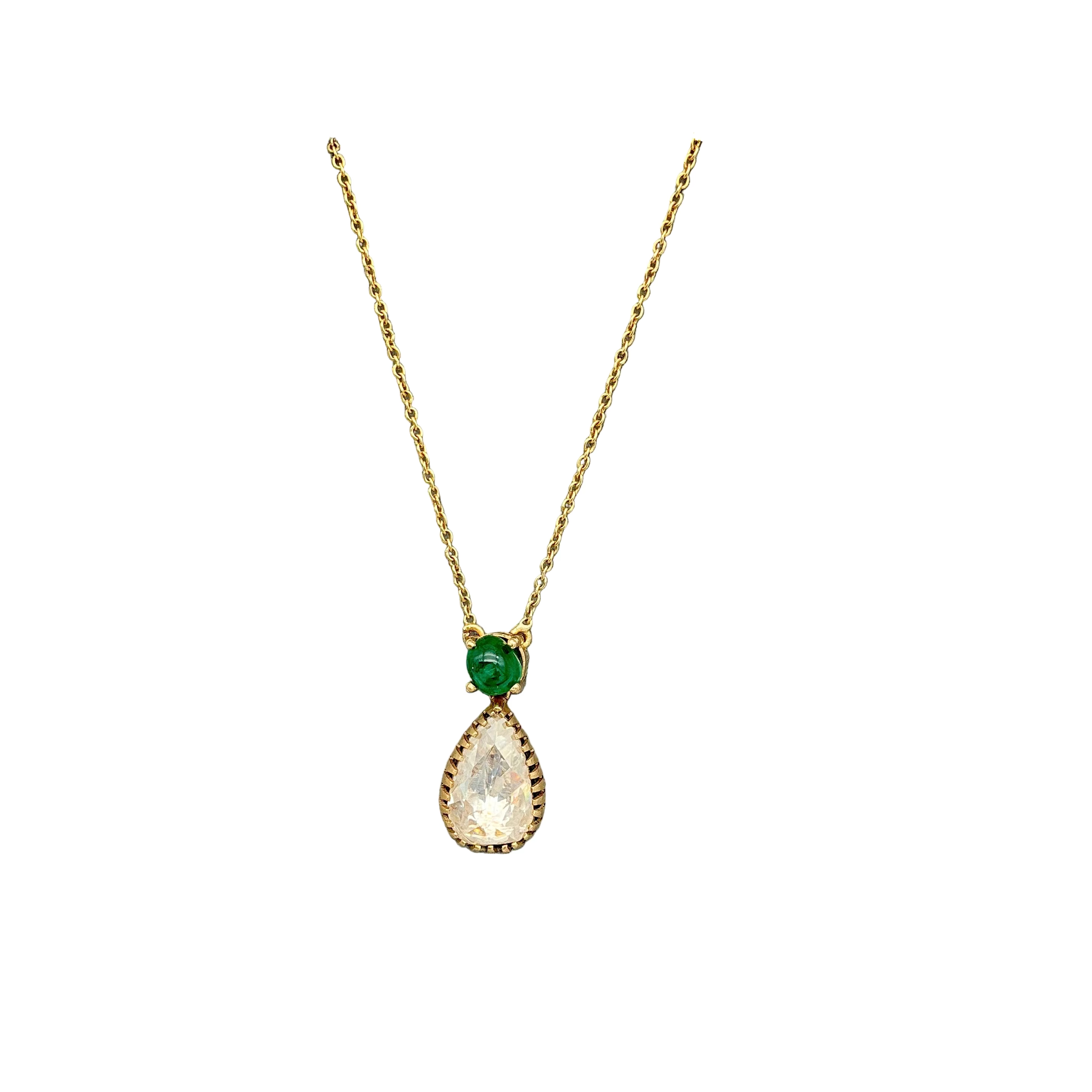 Natural Rose Cut Diamond And Emerald 18k Solid Yellow Gold Chain Pendant Jewelry