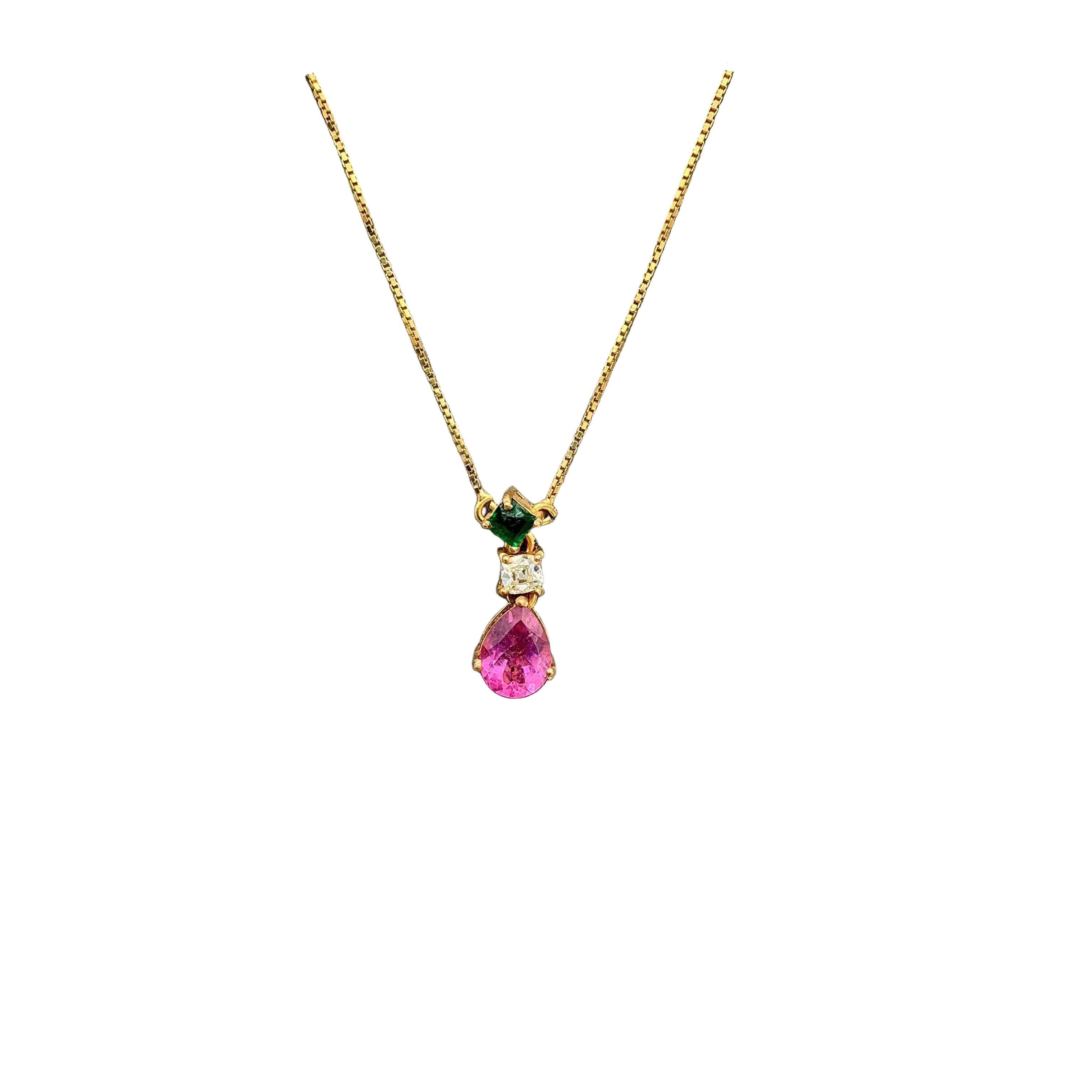 New Arrival Pink Tourmaline, Emerald And Diamond 18k Solid Yellow Gold Chain Pendant